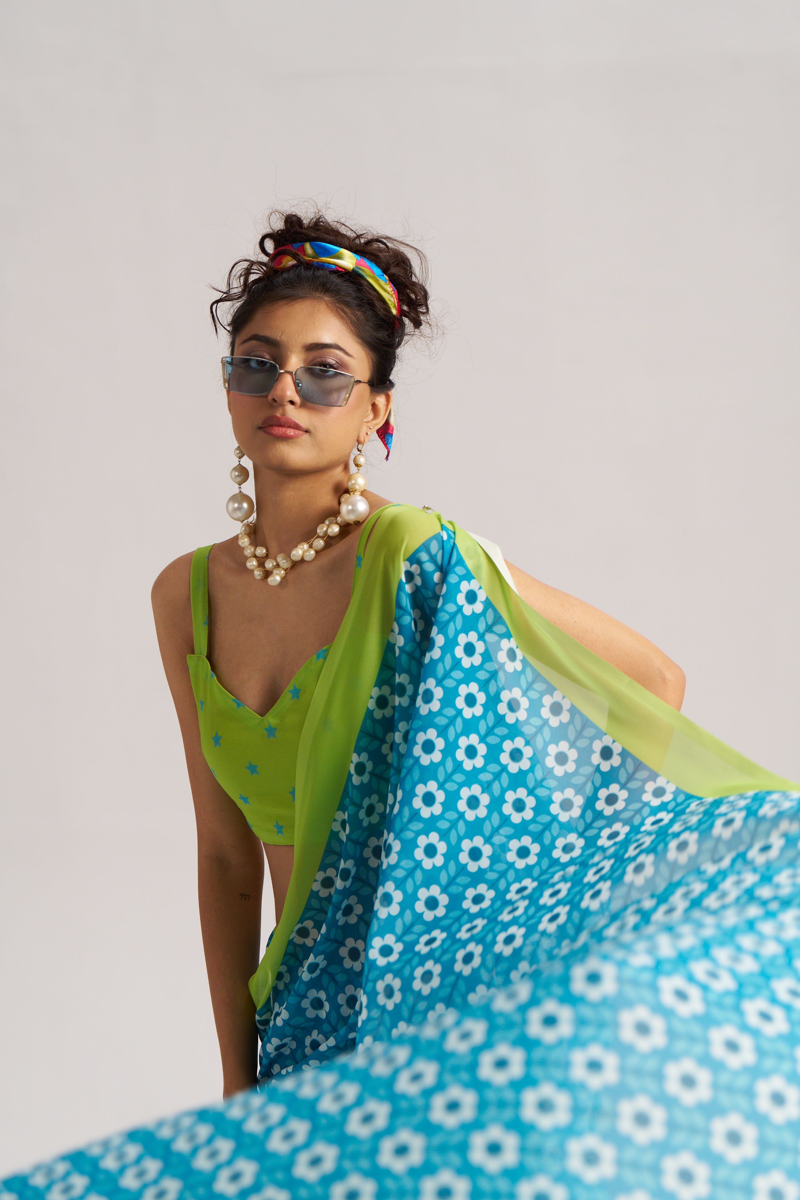 RETRO STYLE DIGITAL PRINTED FIROZI BLUE GEORGETTE SAREE