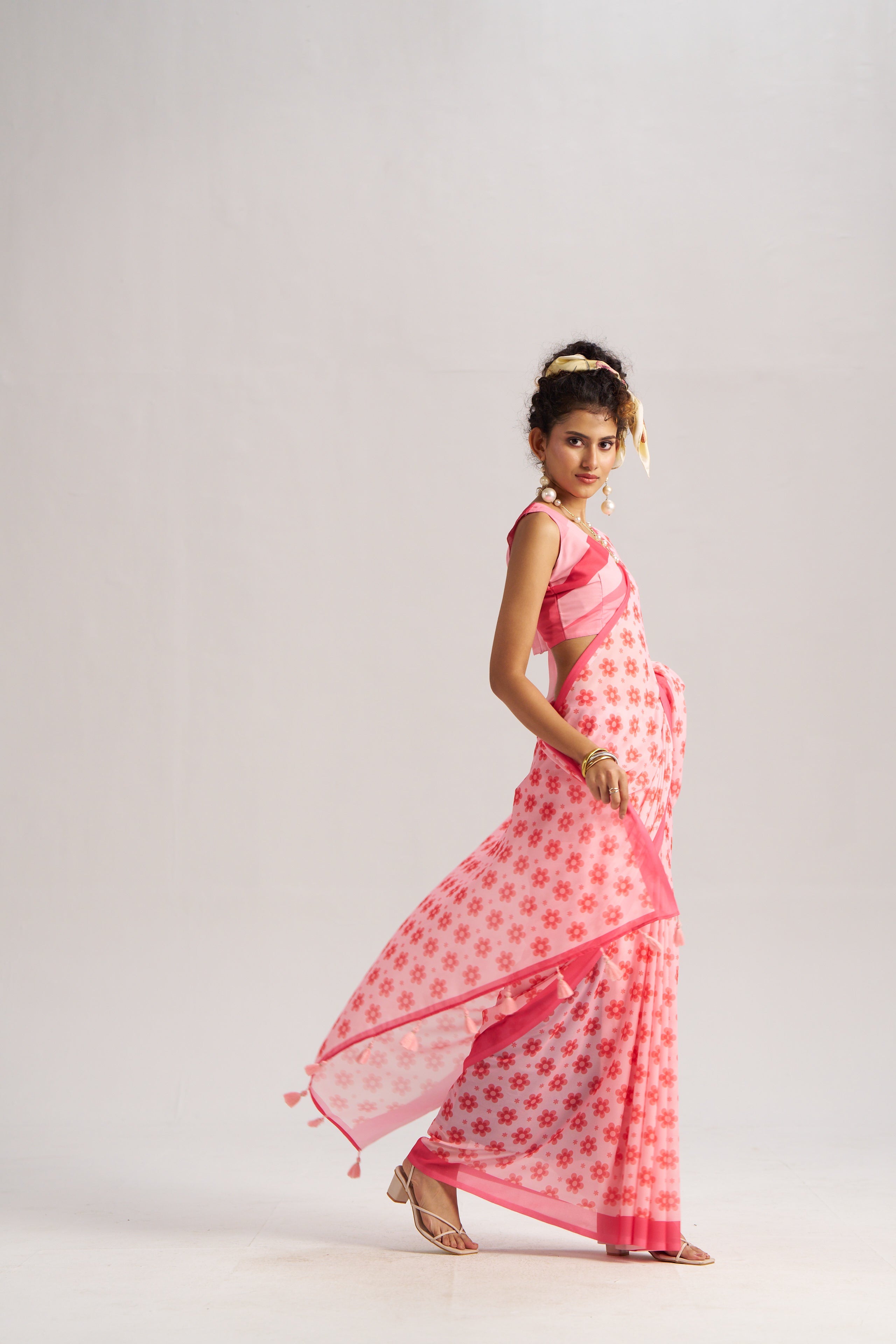 RETRO STYLE DIGITAL PRINTED BABY PINK GEORGETTE SAREE