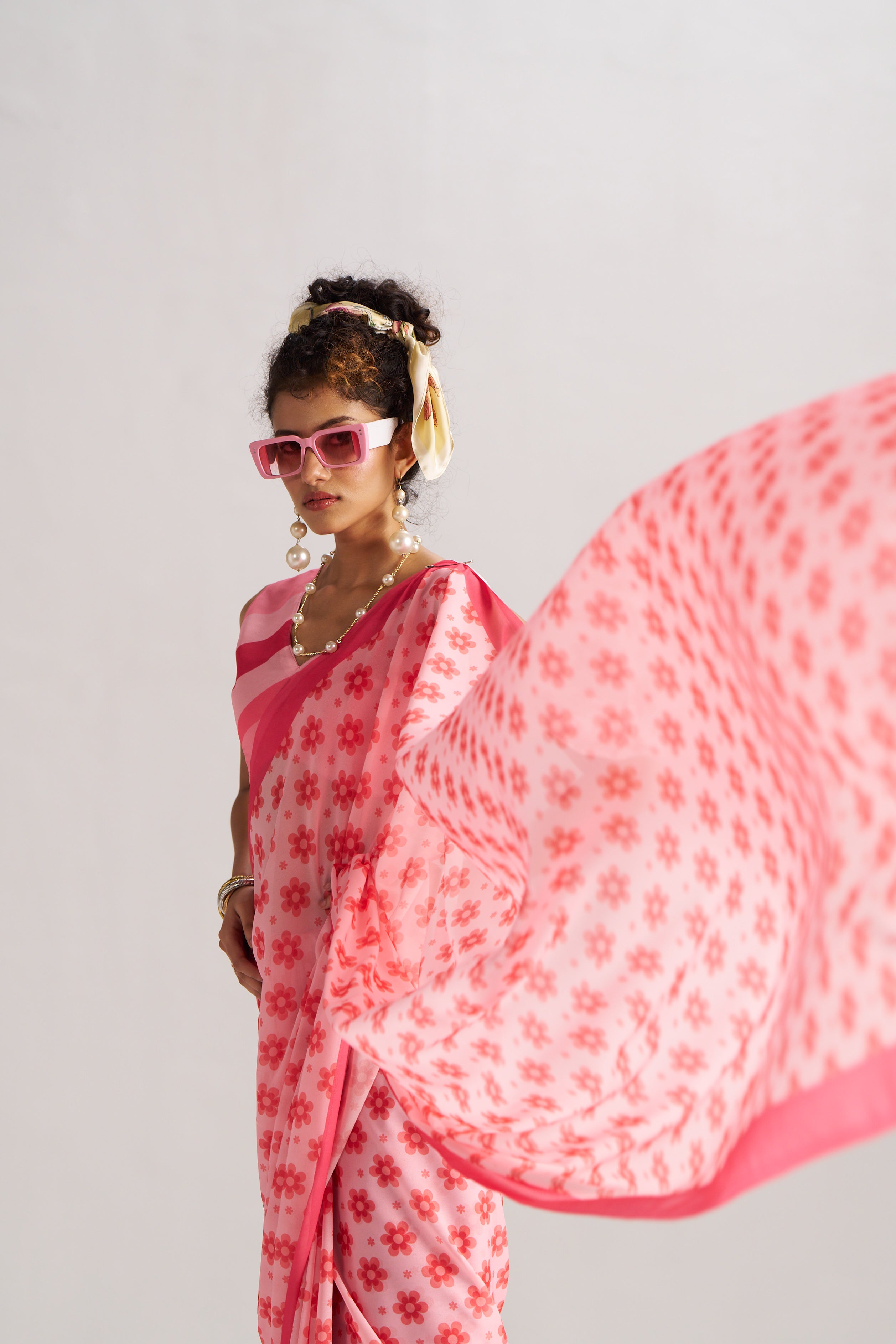 RETRO STYLE DIGITAL PRINTED BABY PINK GEORGETTE SAREE