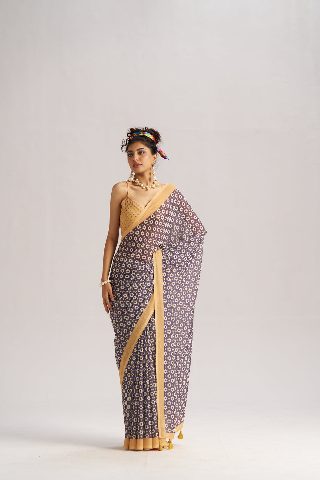 RETRO STYLE DIGITAL PRINTED MIDNIGHT BLUE GEORGETTE SAREE