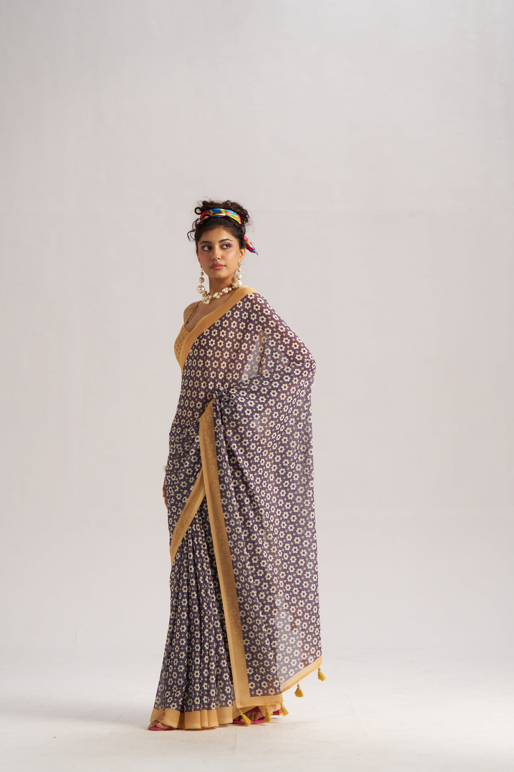 RETRO STYLE DIGITAL PRINTED MIDNIGHT BLUE GEORGETTE SAREE