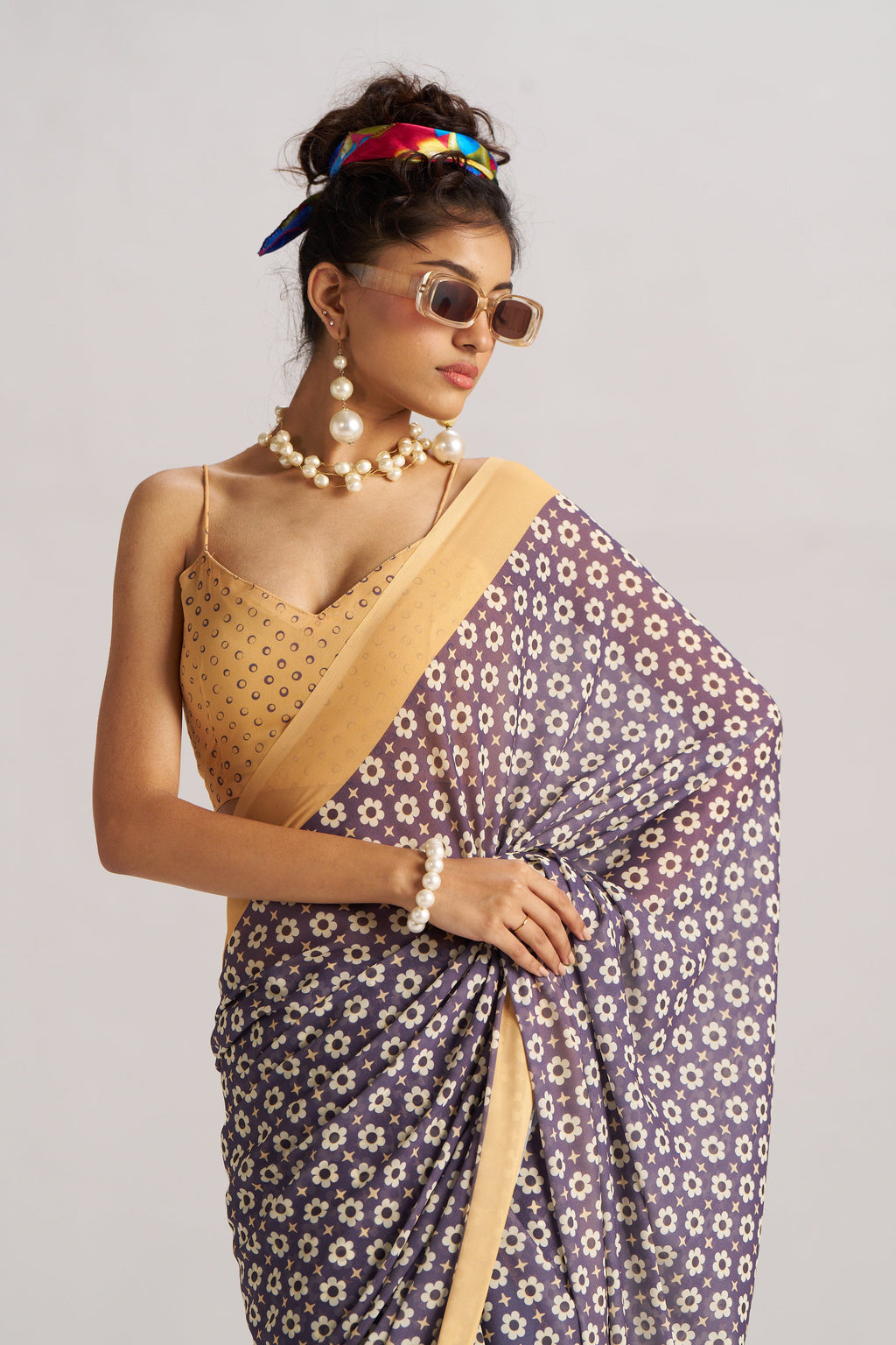 RETRO STYLE DIGITAL PRINTED MIDNIGHT BLUE GEORGETTE SAREE