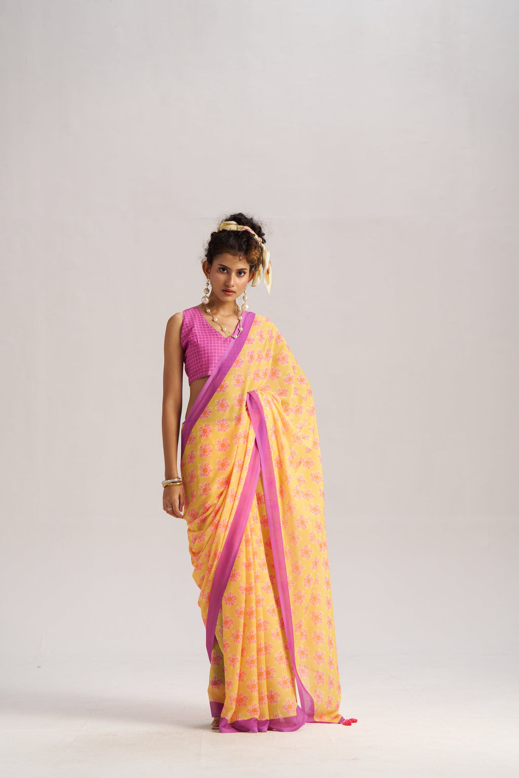 RETRO STYLE DIGITAL PRINTED LAVENDER & YELLOW GEORGETTE SAREE
