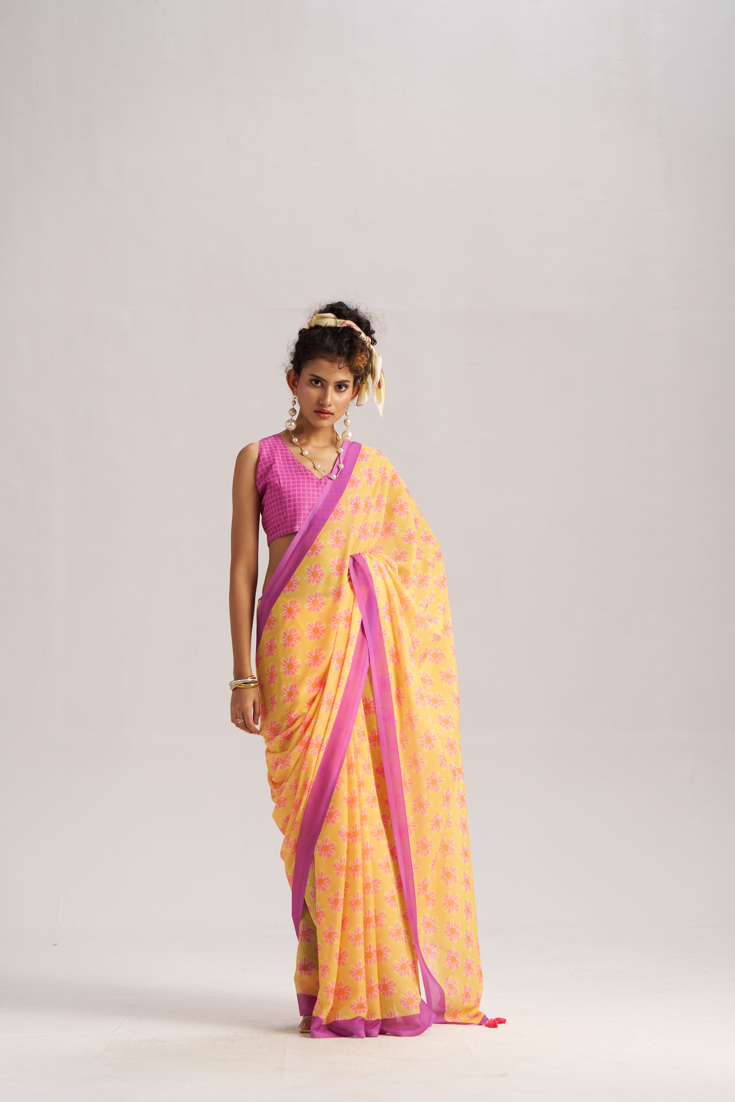 RETRO STYLE DIGITAL PRINTED LAVENDER & YELLOW GEORGETTE SAREE
