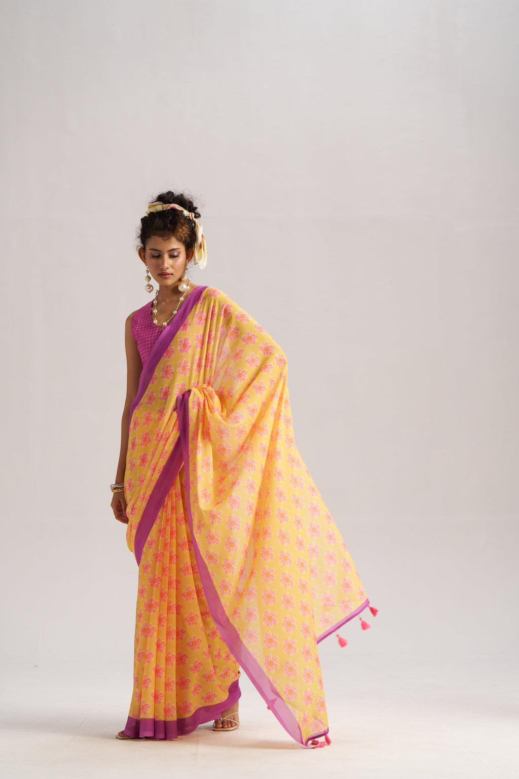 RETRO STYLE DIGITAL PRINTED LAVENDER & YELLOW GEORGETTE SAREE