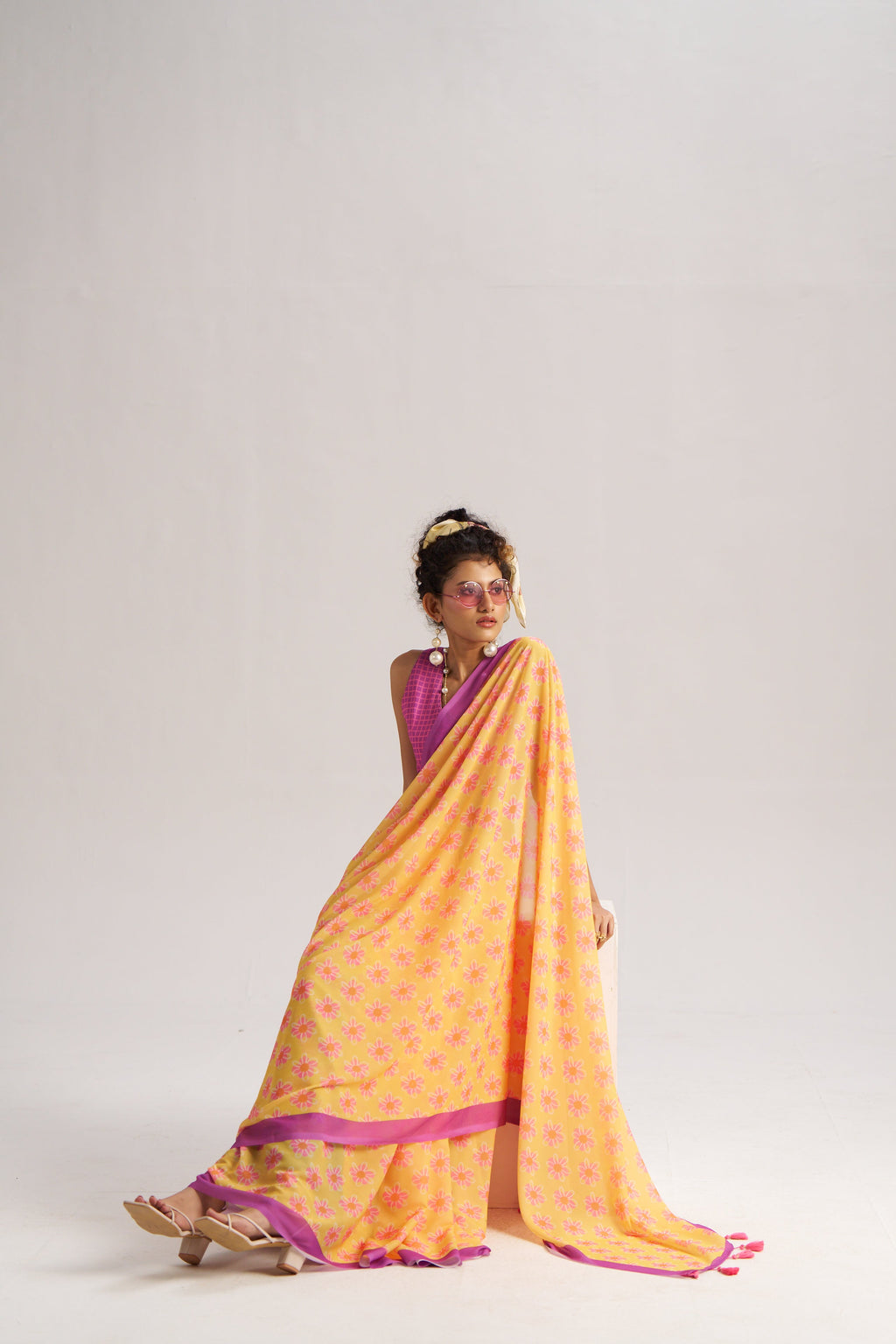 RETRO STYLE DIGITAL PRINTED LAVENDER & YELLOW GEORGETTE SAREE