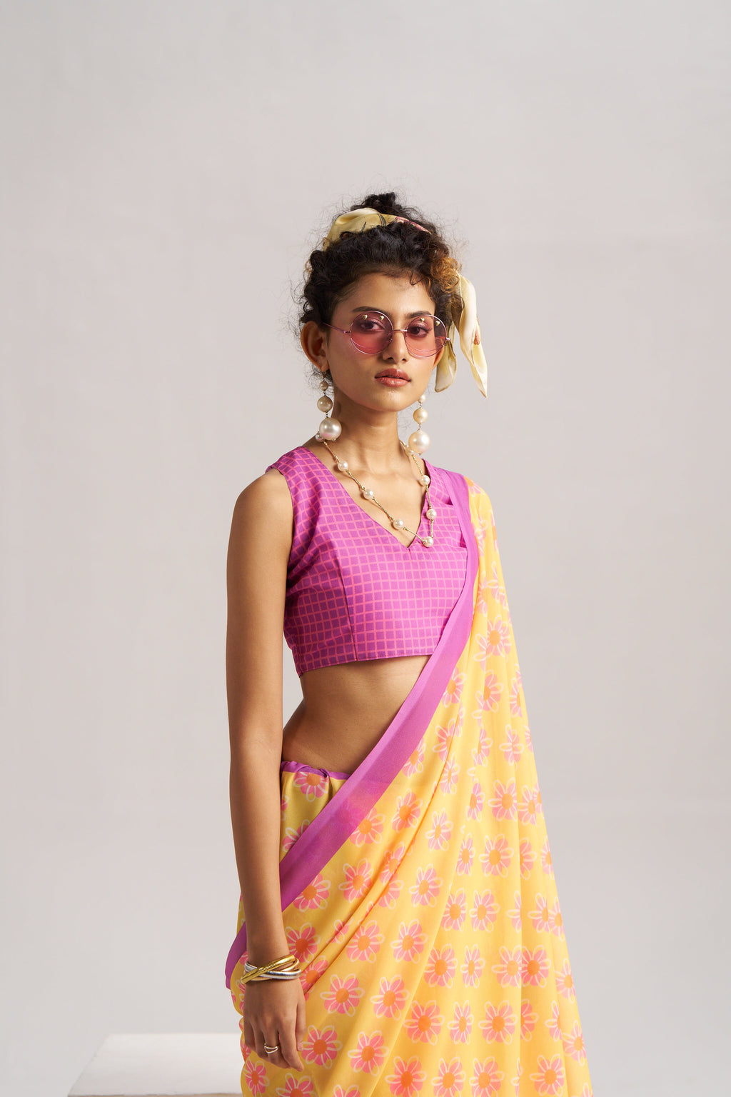 RETRO STYLE DIGITAL PRINTED LAVENDER & YELLOW GEORGETTE SAREE