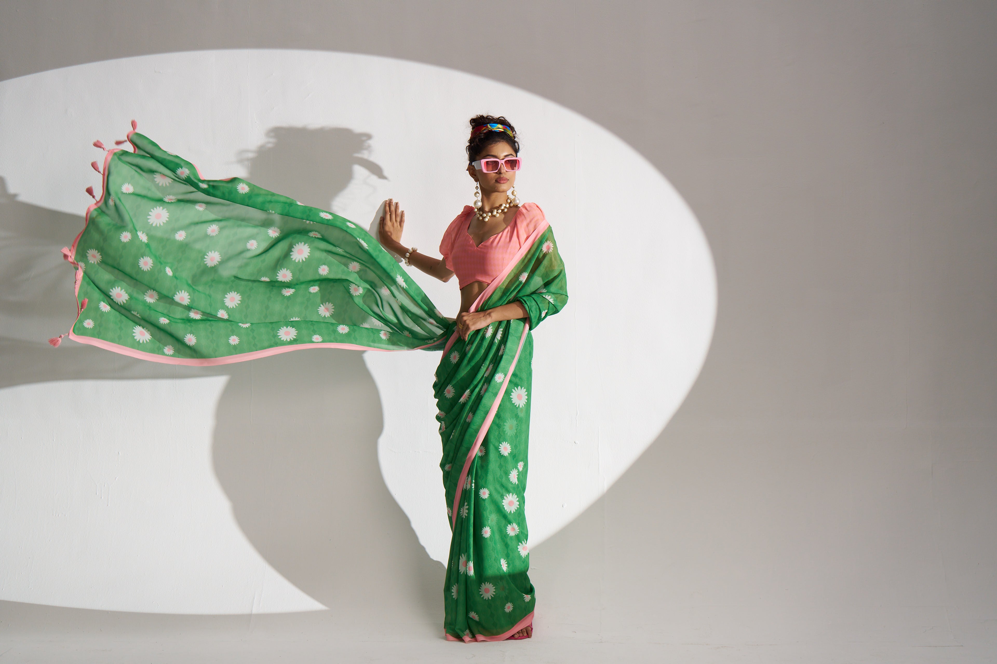 RETRO STYLE DIGITAL PRINTED GREEN GEORGETTE SAREE