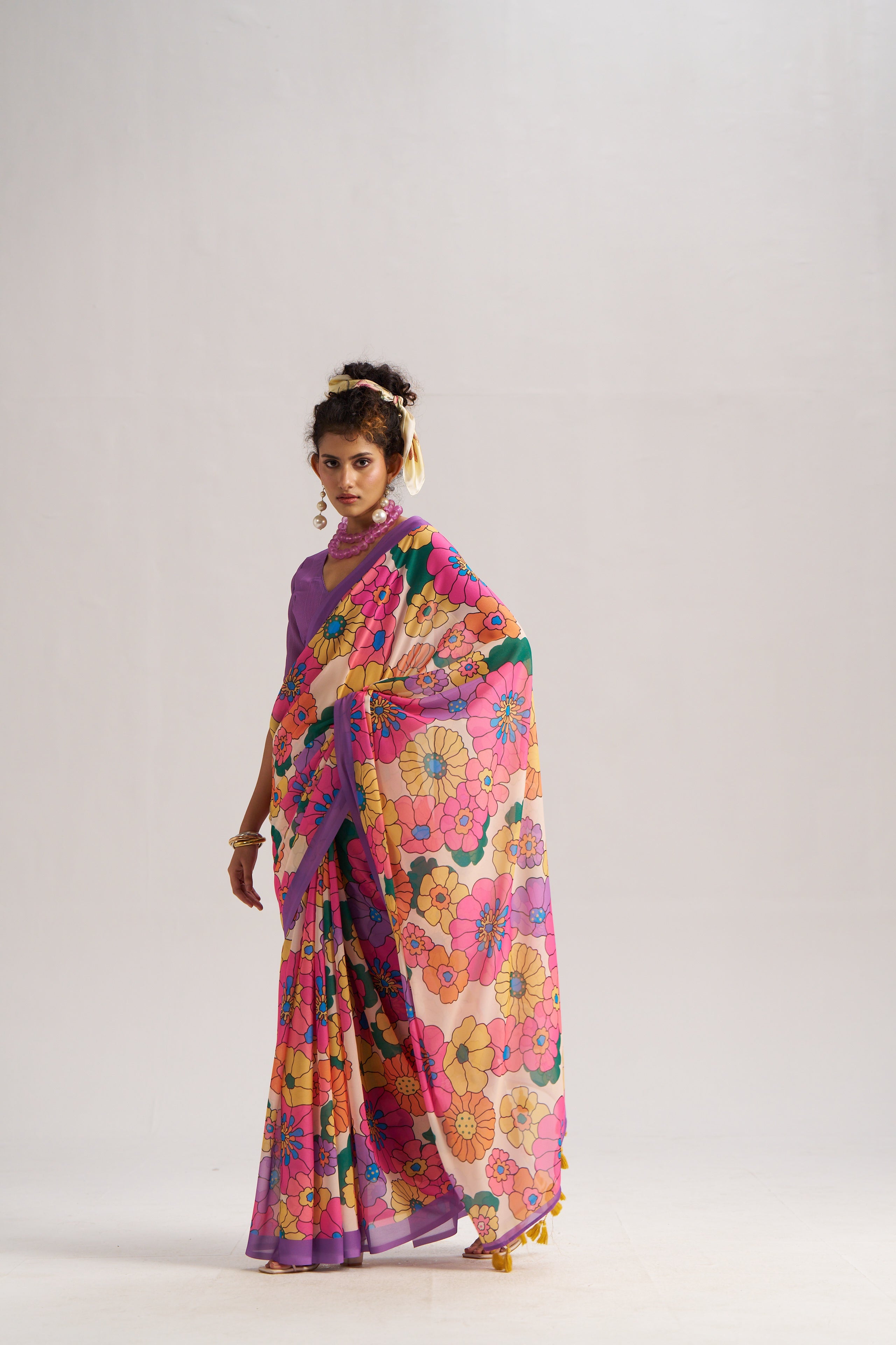 RETRO STYLE DIGITAL PRINTED LAVENDER GEORGETTE SAREE