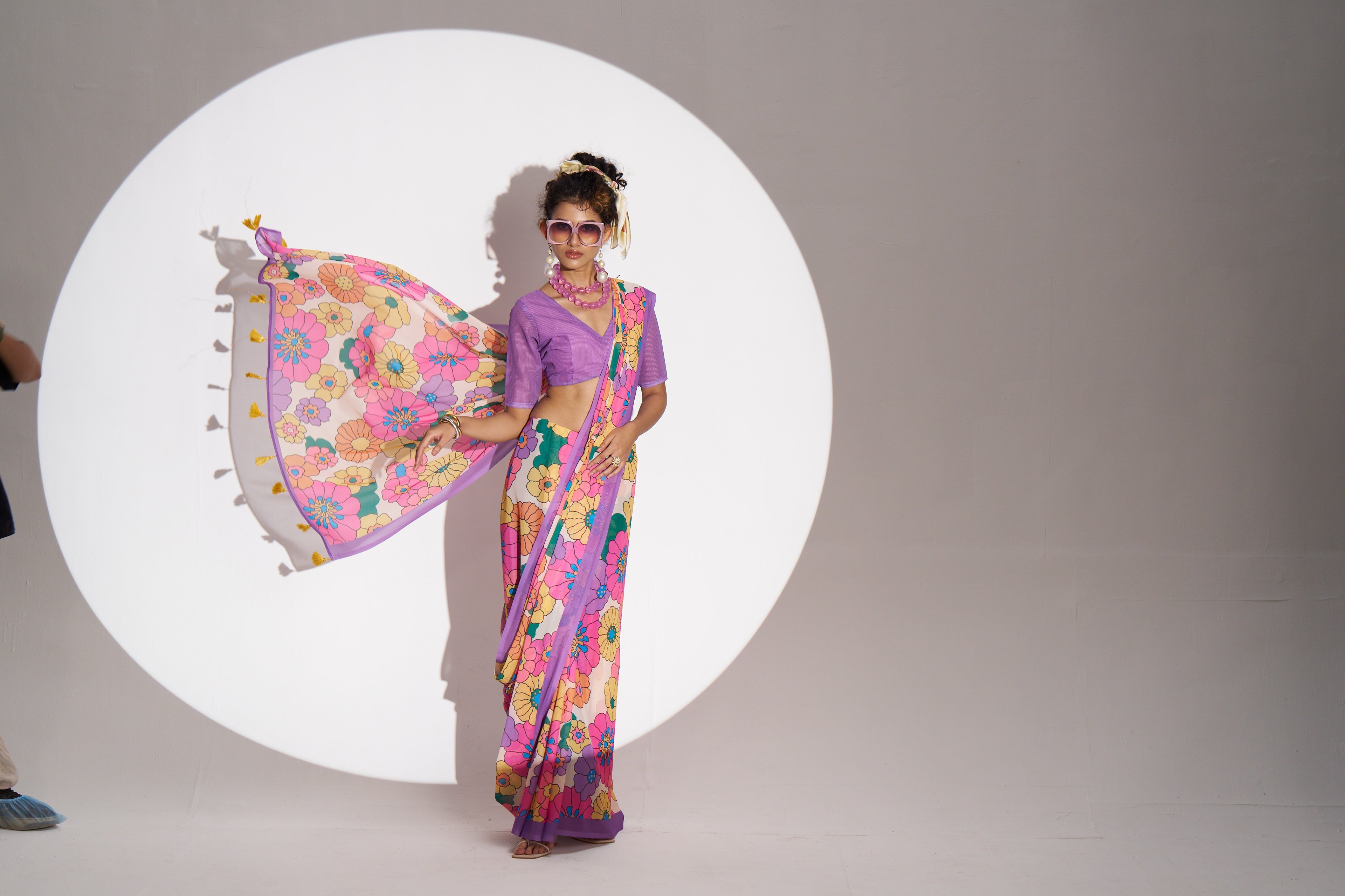 RETRO STYLE DIGITAL PRINTED LAVENDER GEORGETTE SAREE