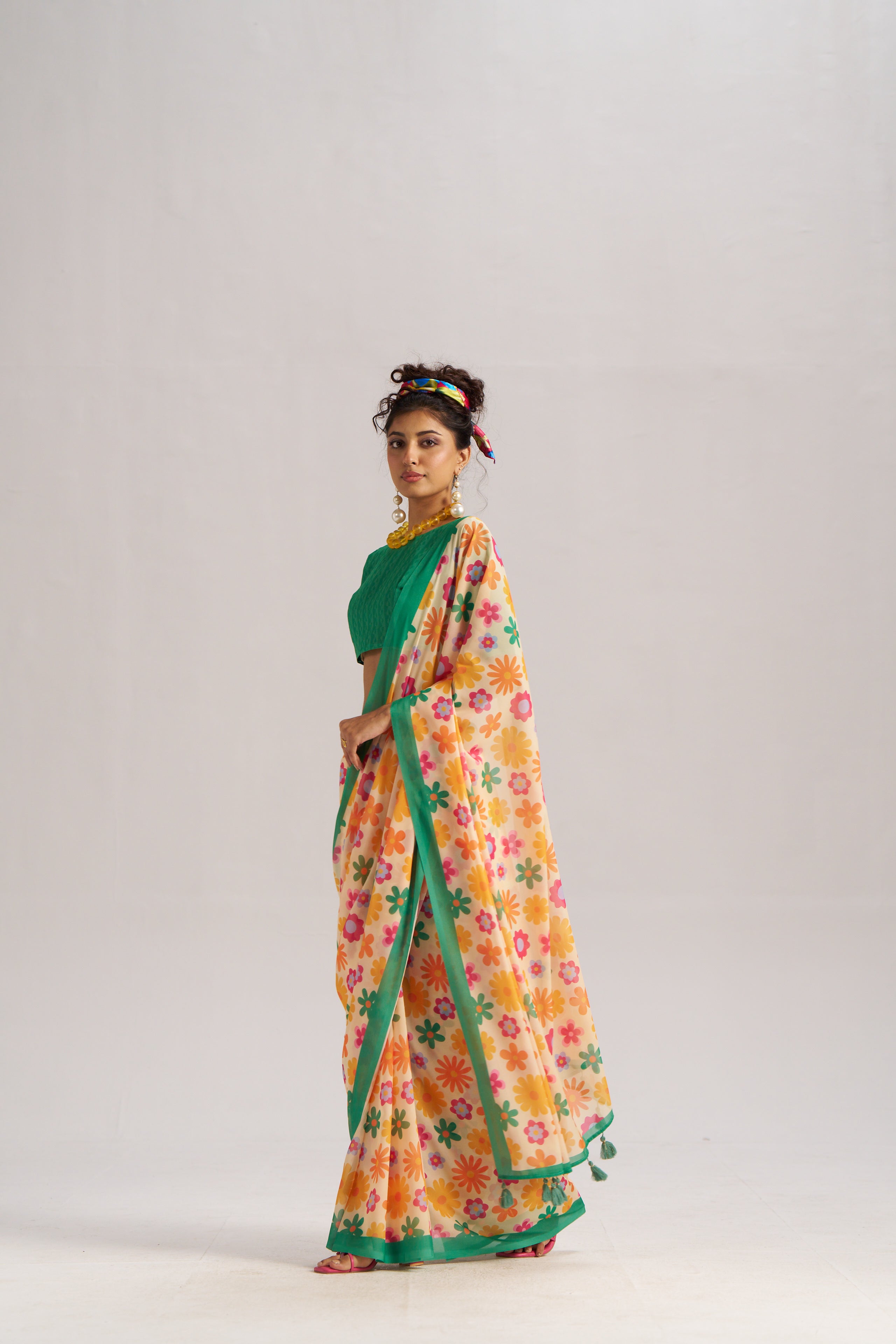 RETRO STYLE DIGITAL PRINTED YELLOW & GREEN GEORGETTE SAREE