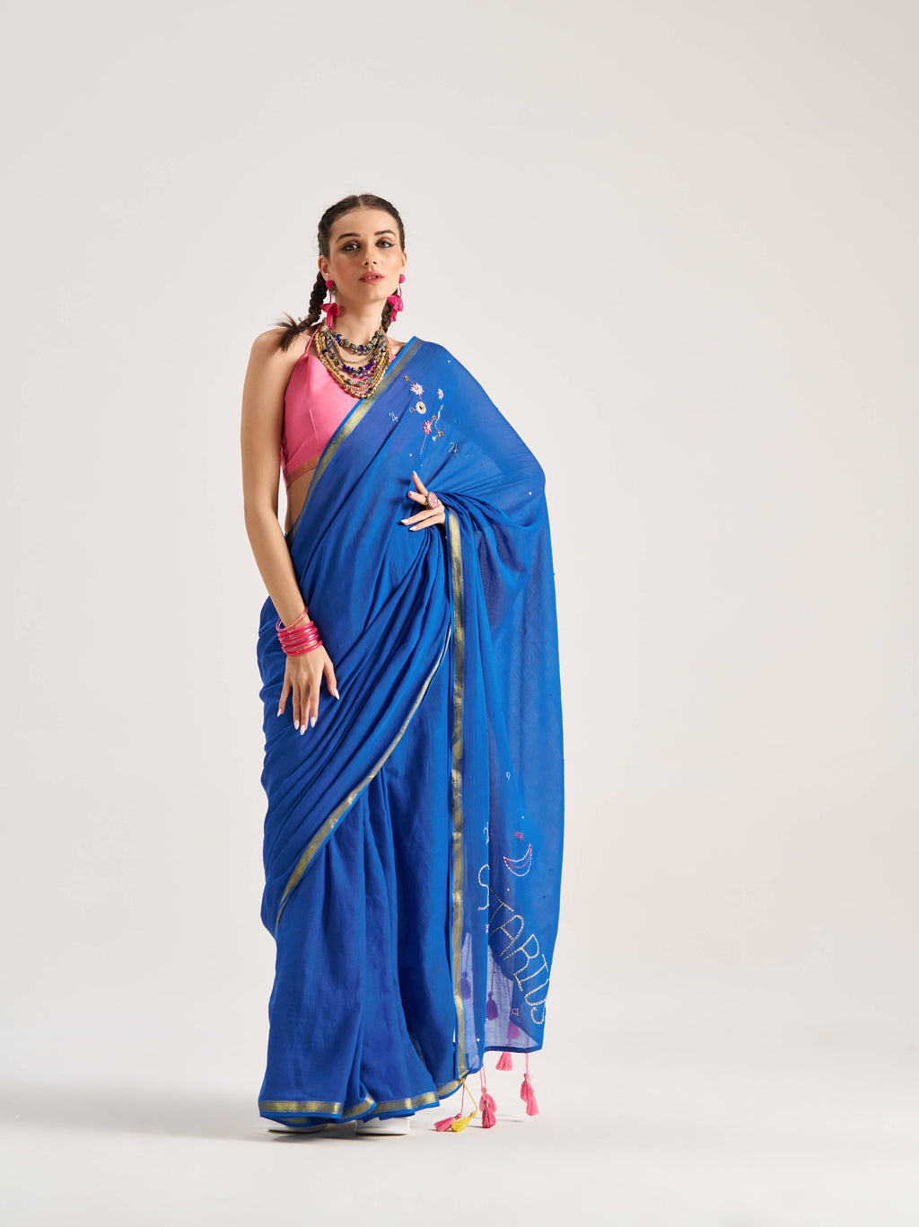 DEEP BLUE VISCOSE MUL SAGITTARIUS VEDIC ZODIAC THREAD WORK SAREES