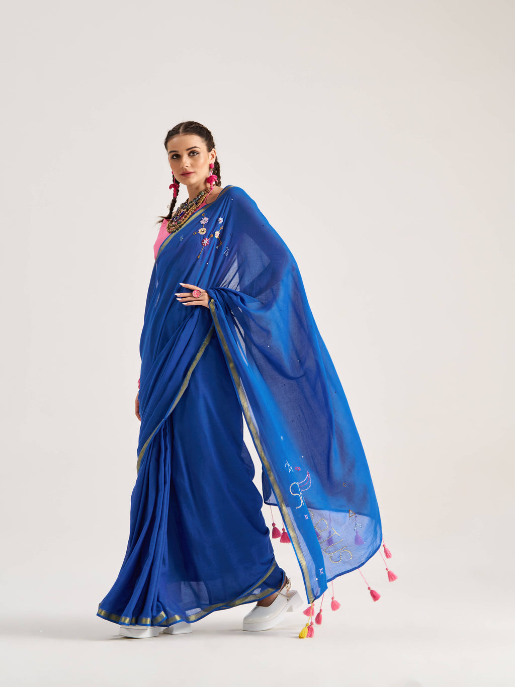 DEEP BLUE VISCOSE MUL SAGITTARIUS VEDIC ZODIAC THREAD WORK SAREES