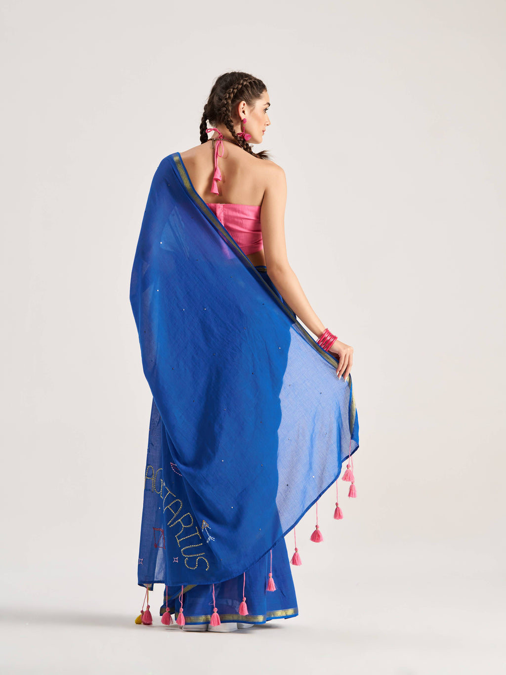 DEEP BLUE VISCOSE MUL SAGITTARIUS VEDIC ZODIAC THREAD WORK SAREES