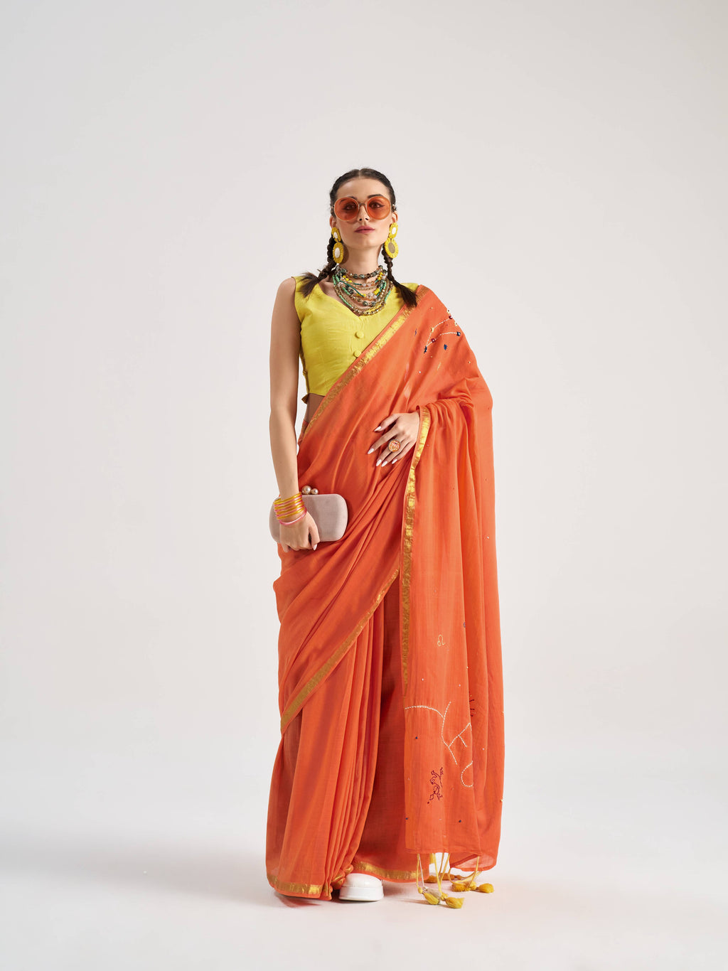 ORANGE VISCOSE MUL LEO VEDIC ZODIAC THREAD WORK SAREES