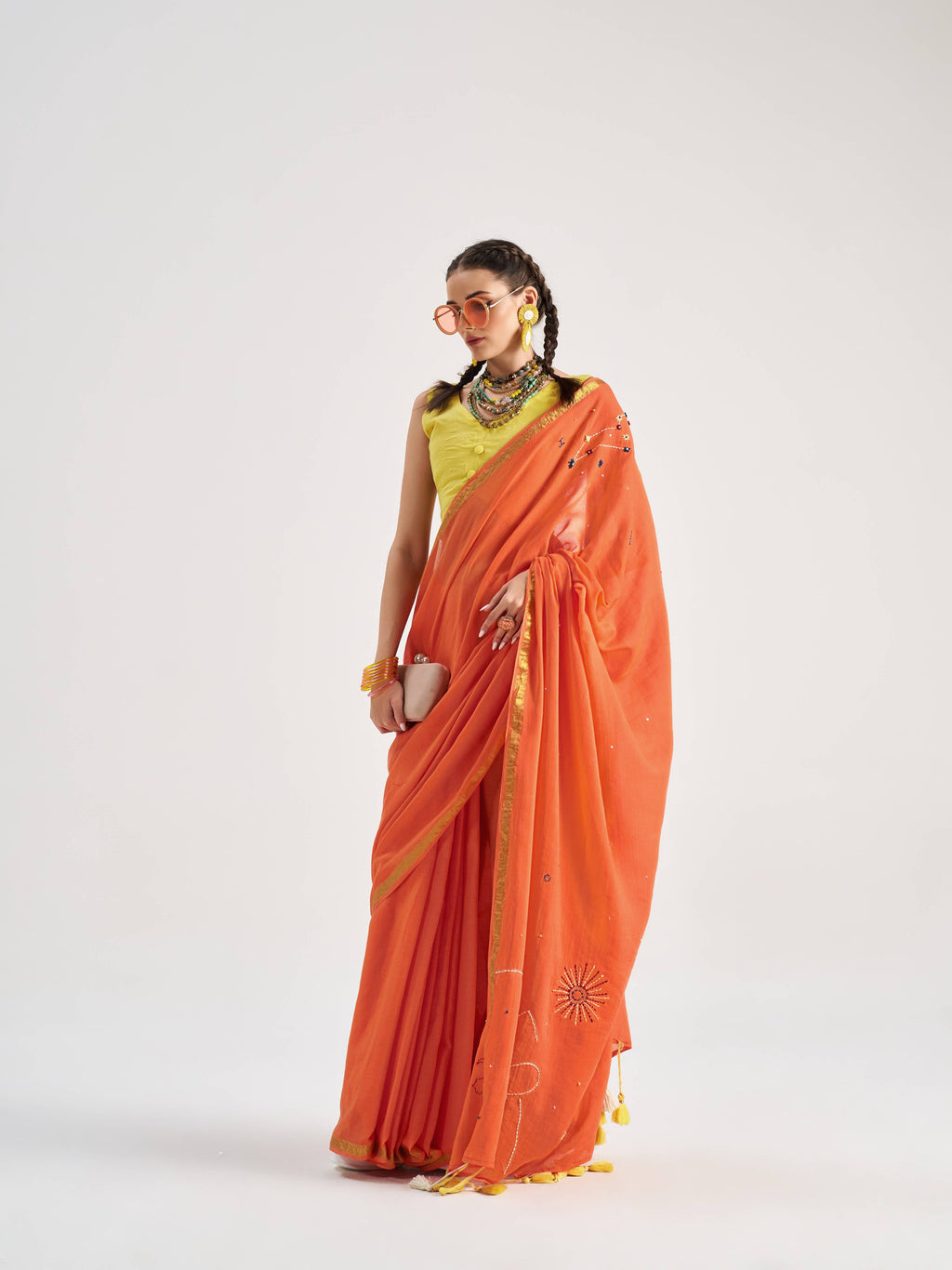 ORANGE VISCOSE MUL LEO VEDIC ZODIAC THREAD WORK SAREES