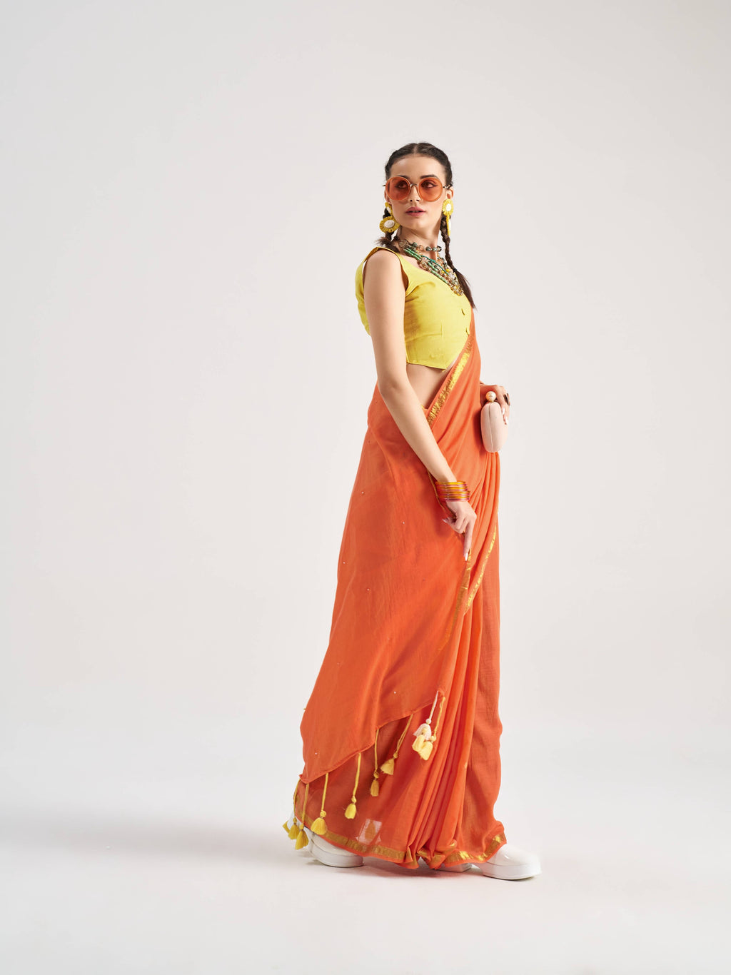 ORANGE VISCOSE MUL LEO VEDIC ZODIAC THREAD WORK SAREES