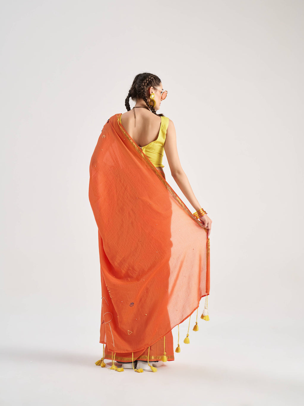 ORANGE VISCOSE MUL LEO VEDIC ZODIAC THREAD WORK SAREES