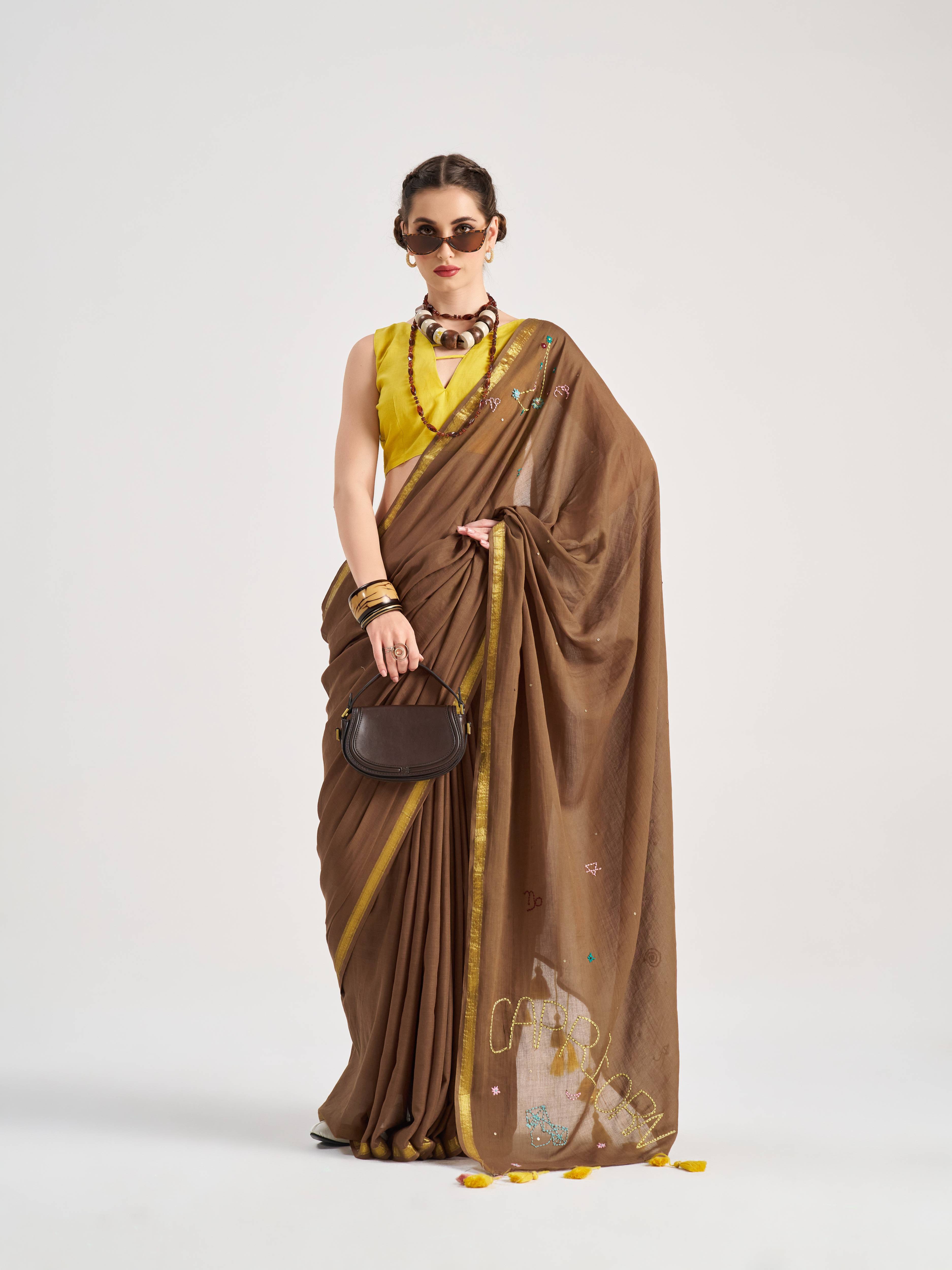 BROWN VISCOSE MUL CAPRICORN VEDIC ZODIAC THREAD WORK SAREES