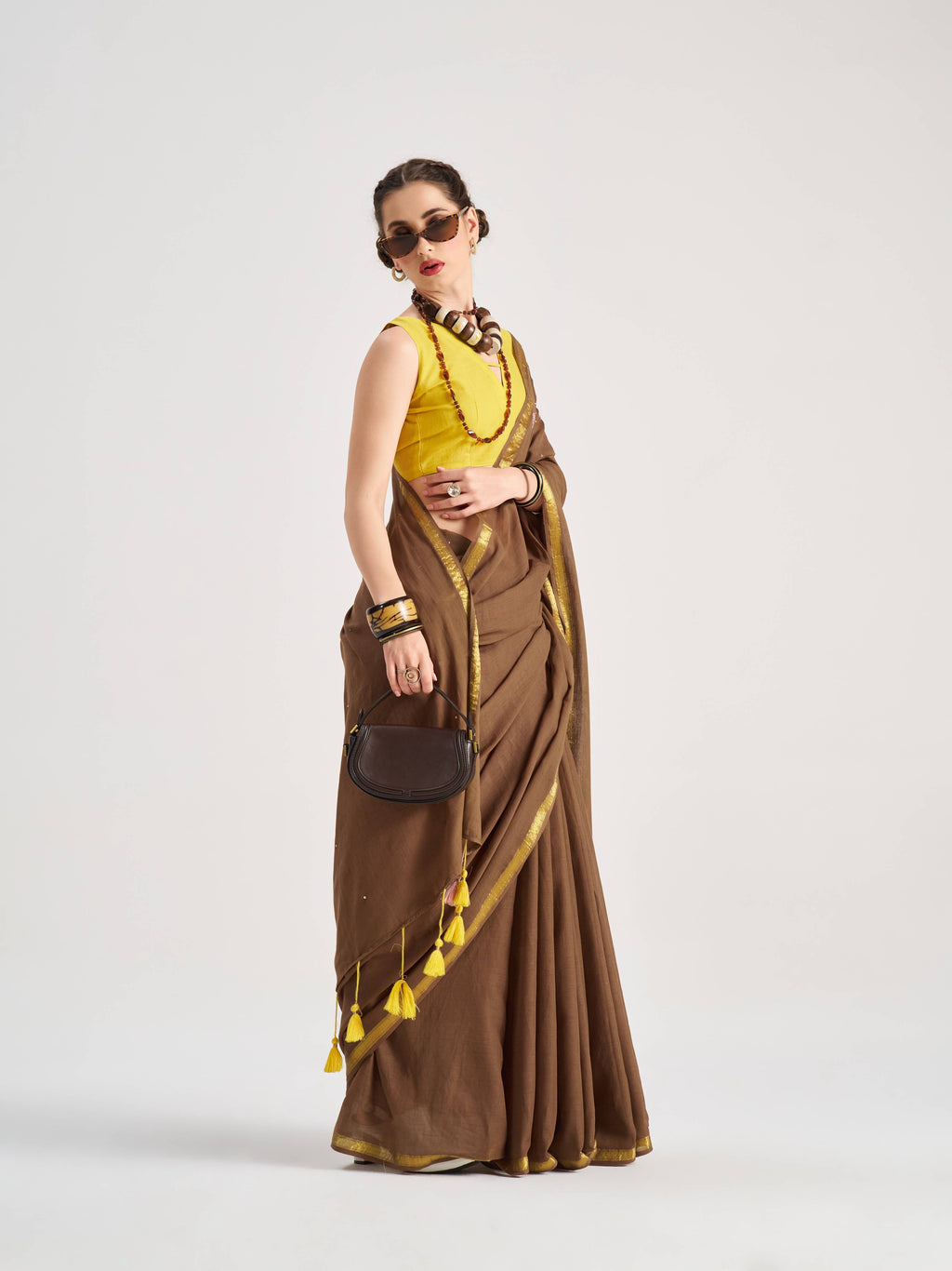 BROWN VISCOSE MUL CAPRICORN VEDIC ZODIAC THREAD WORK SAREES