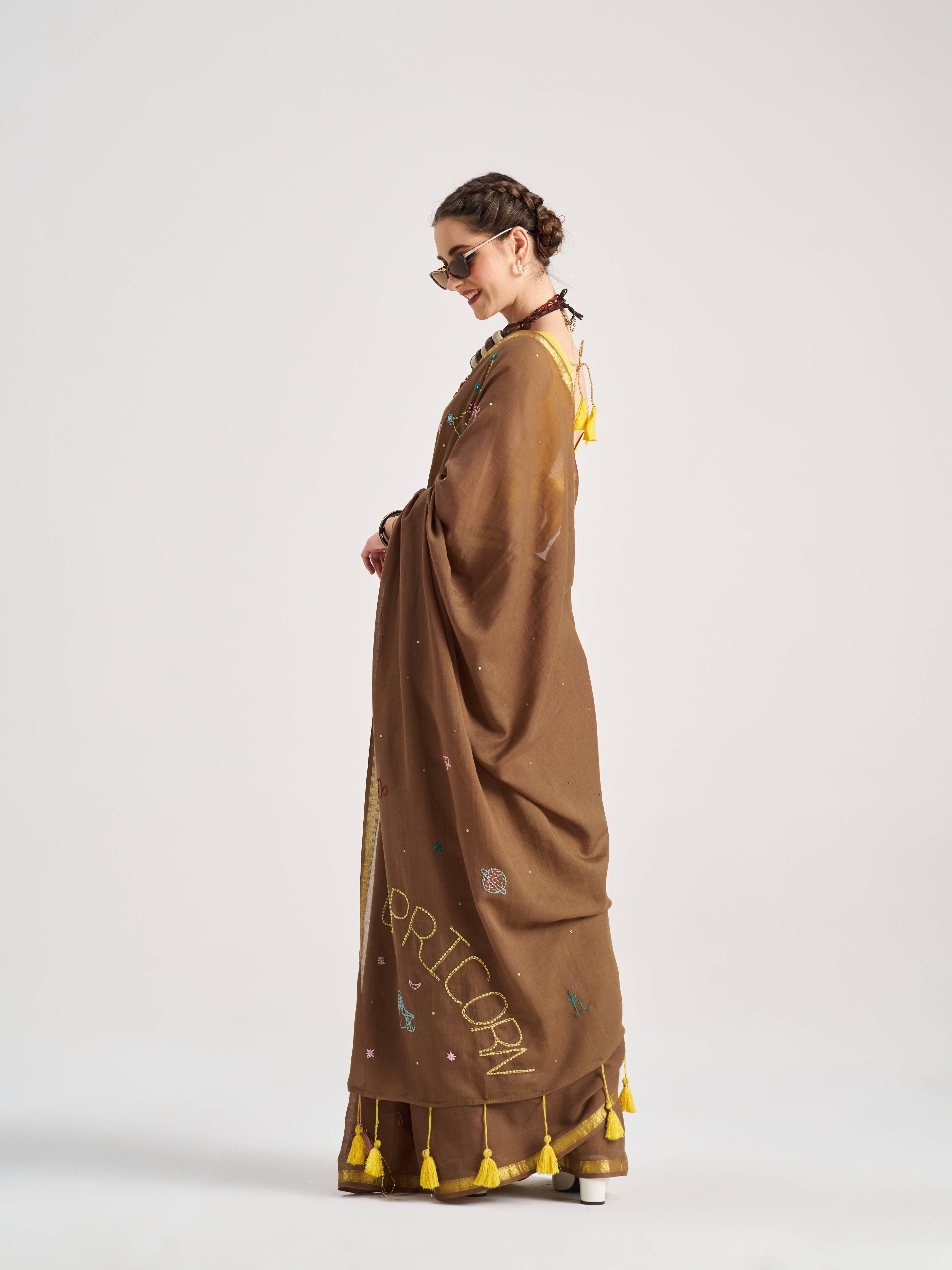 BROWN VISCOSE MUL CAPRICORN VEDIC ZODIAC THREAD WORK SAREES