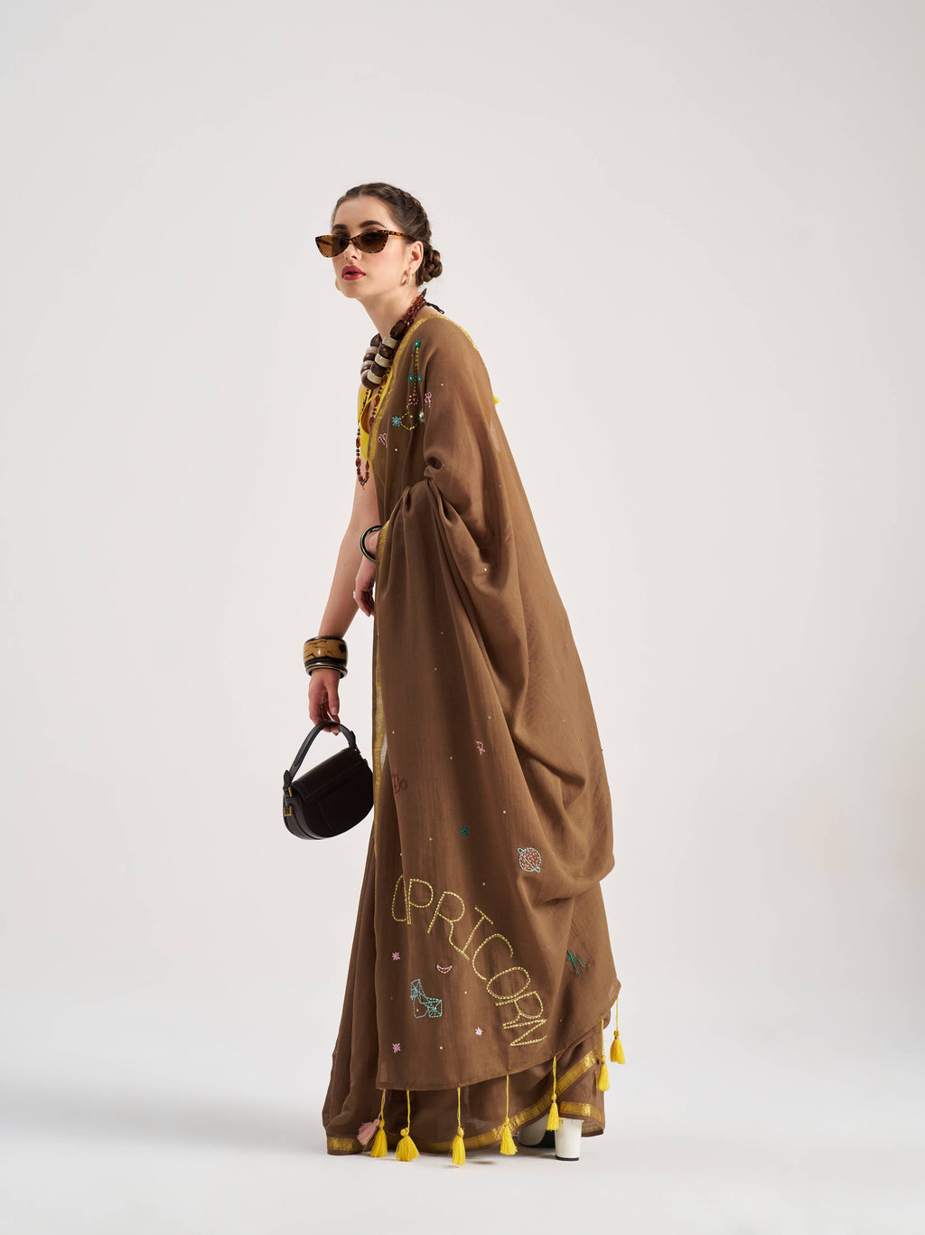 BROWN VISCOSE MUL CAPRICORN VEDIC ZODIAC THREAD WORK SAREES