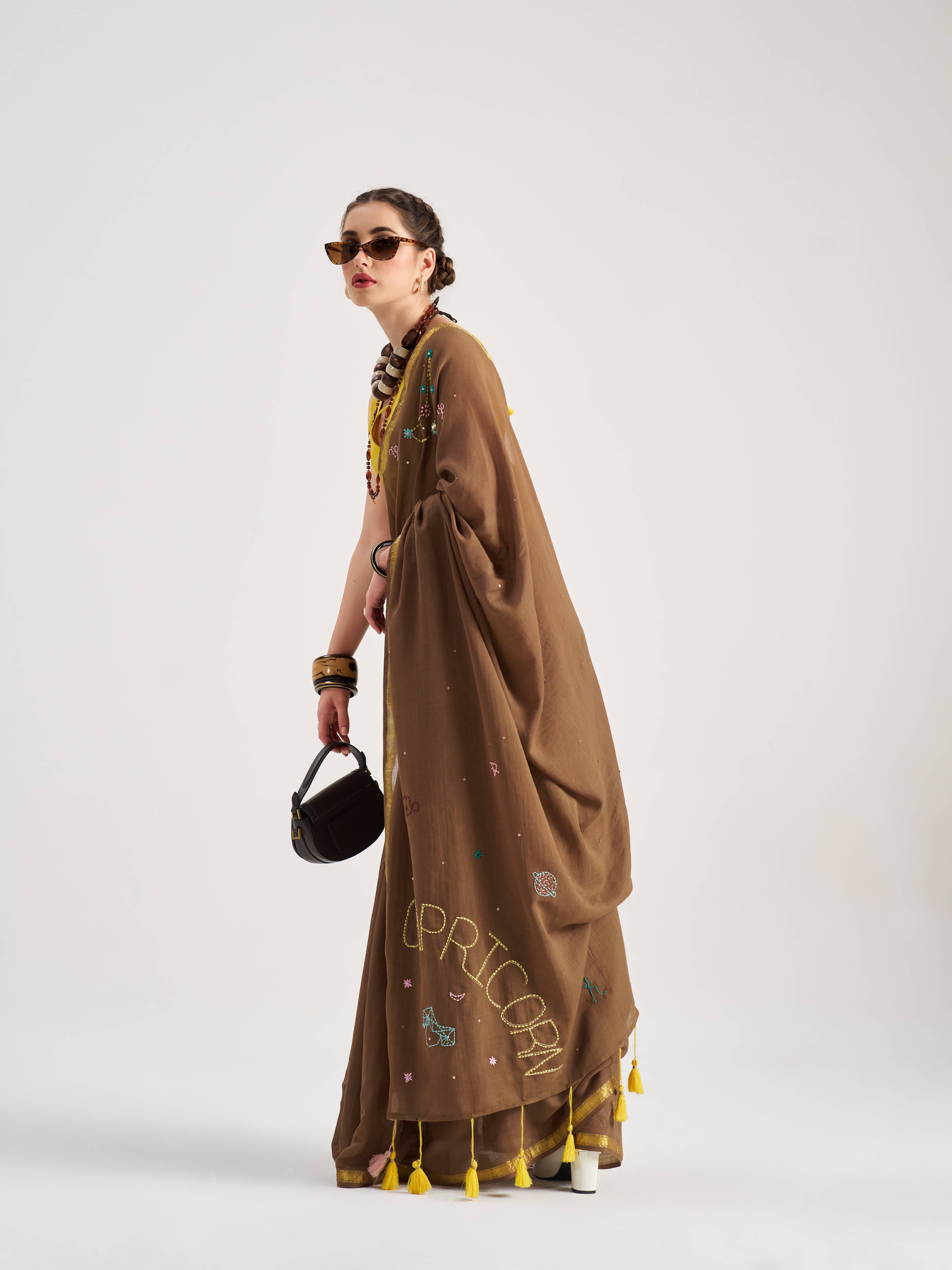 BROWN VISCOSE MUL CAPRICORN VEDIC ZODIAC THREAD WORK SAREES