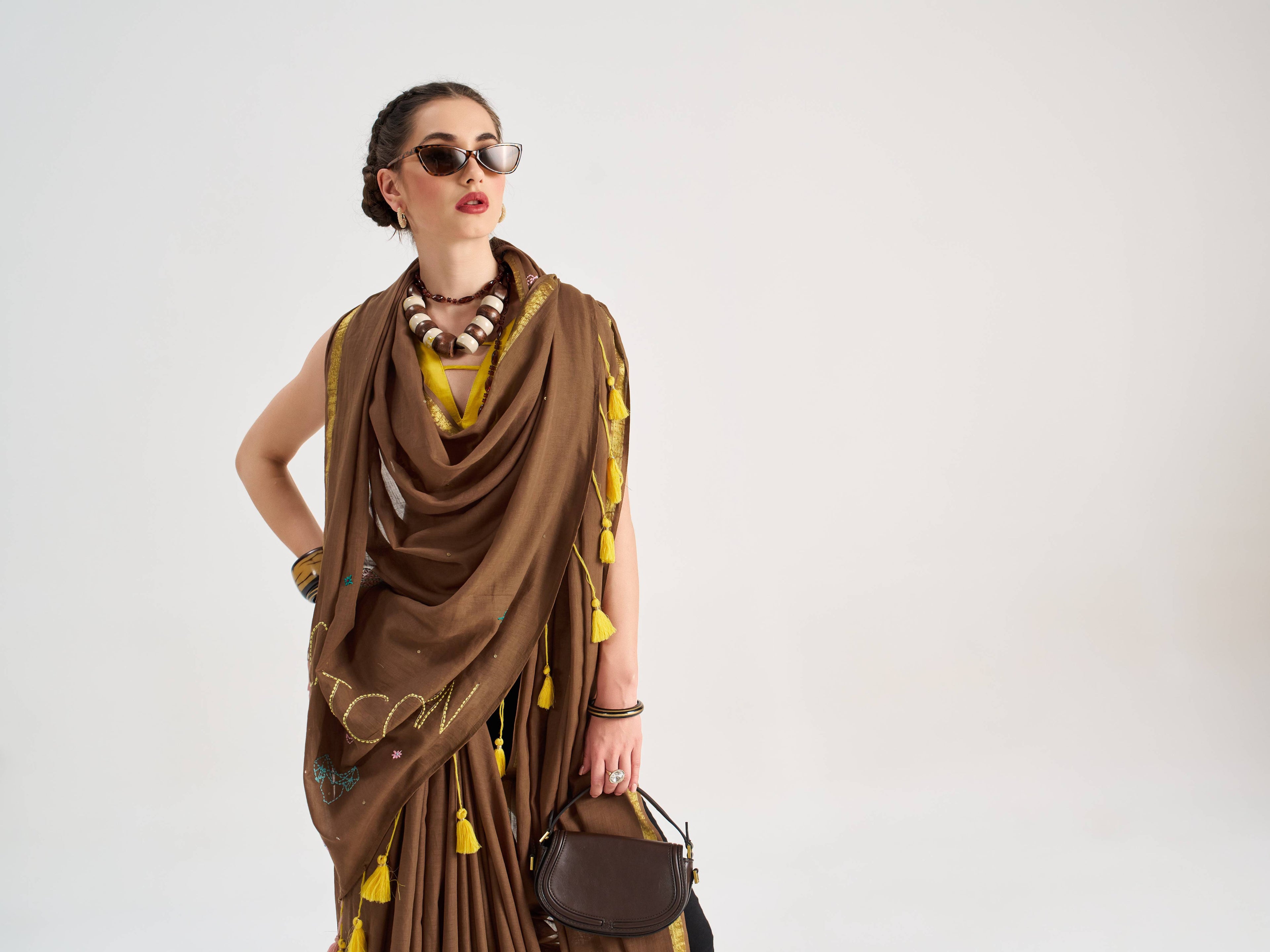 BROWN VISCOSE MUL CAPRICORN VEDIC ZODIAC THREAD WORK SAREES