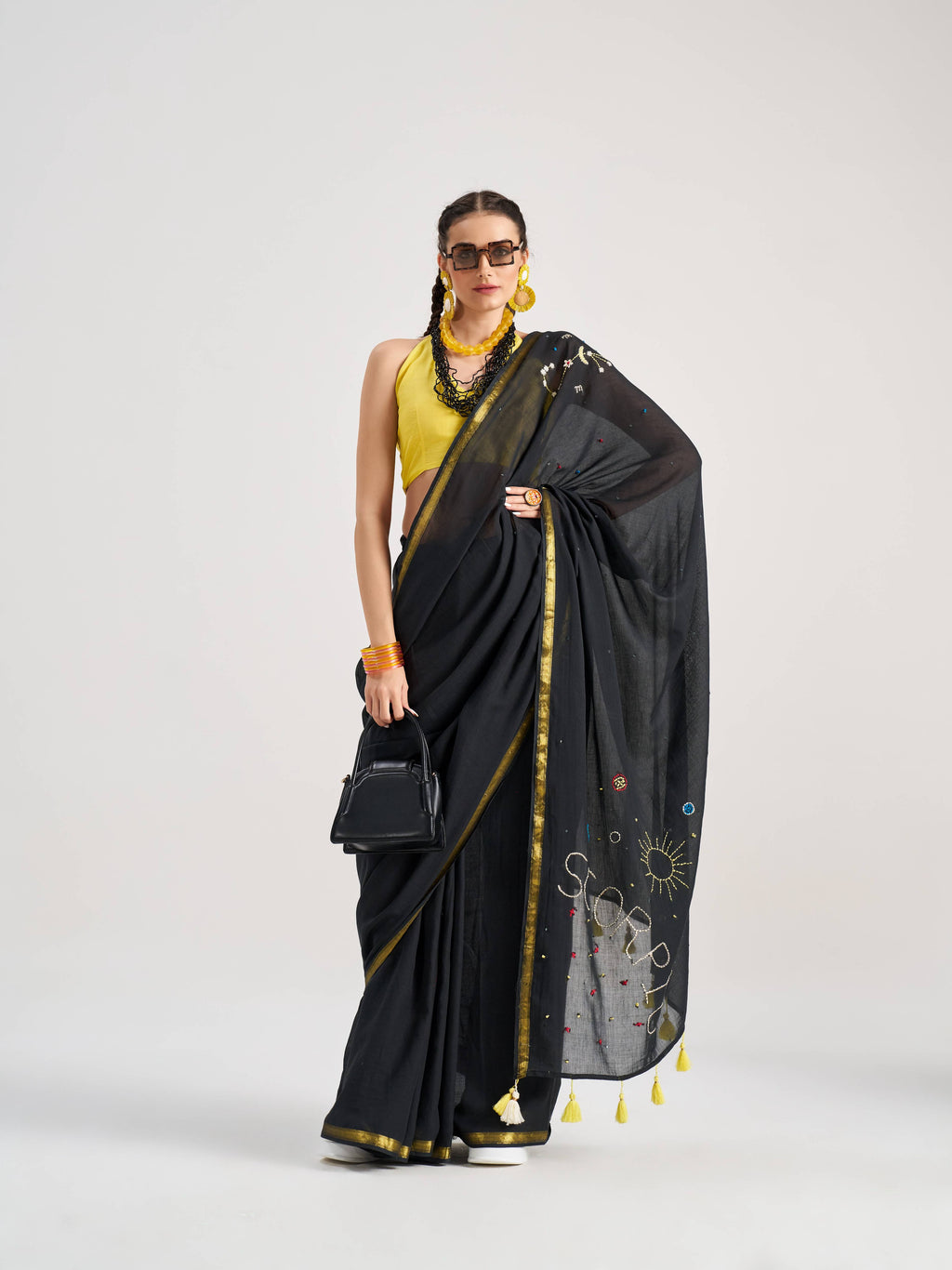 BLACK VISCOSE MUL SCORPIO VEDIC ZODIAC THREAD WORK SAREES