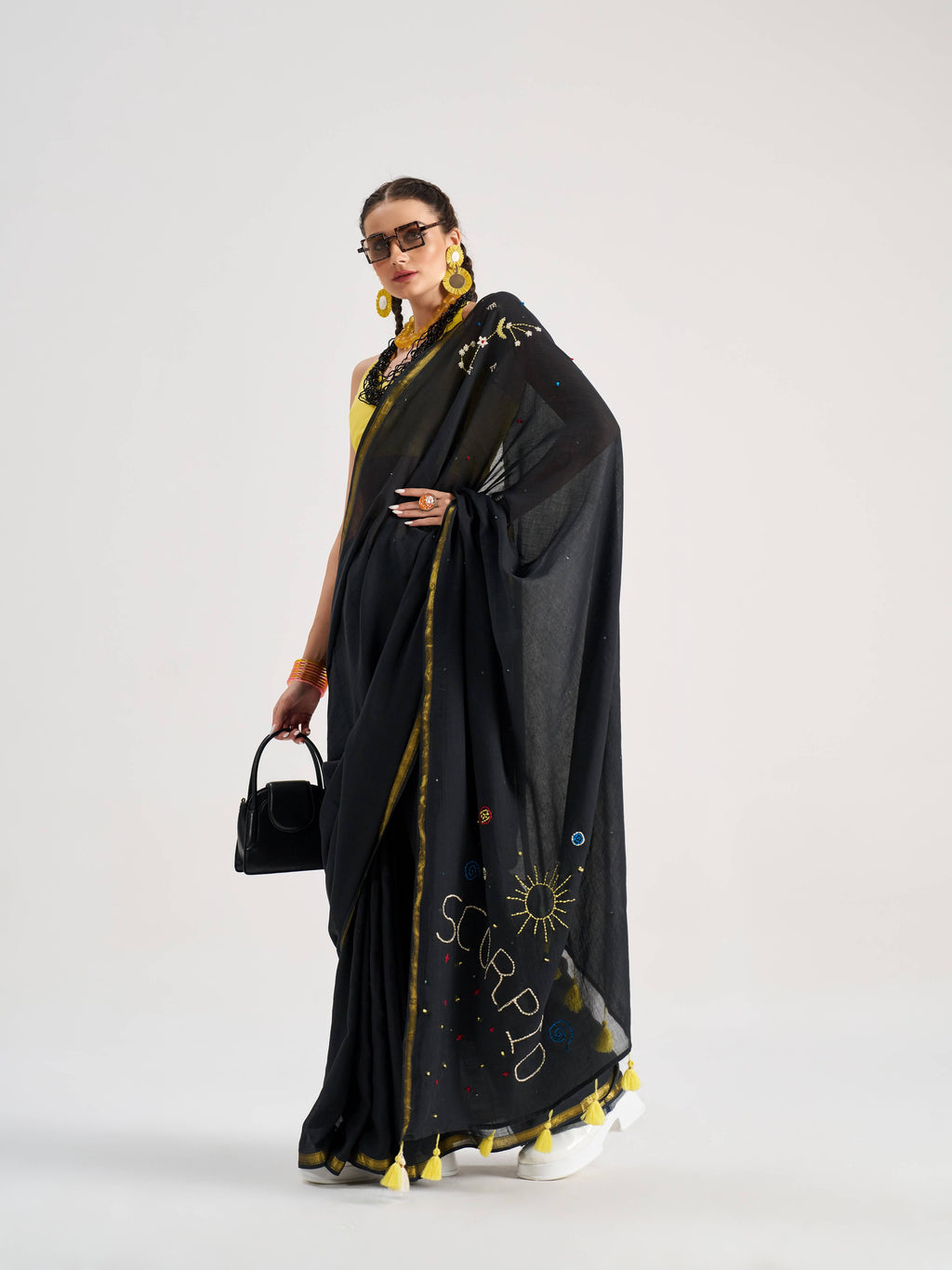 BLACK VISCOSE MUL SCORPIO VEDIC ZODIAC THREAD WORK SAREES