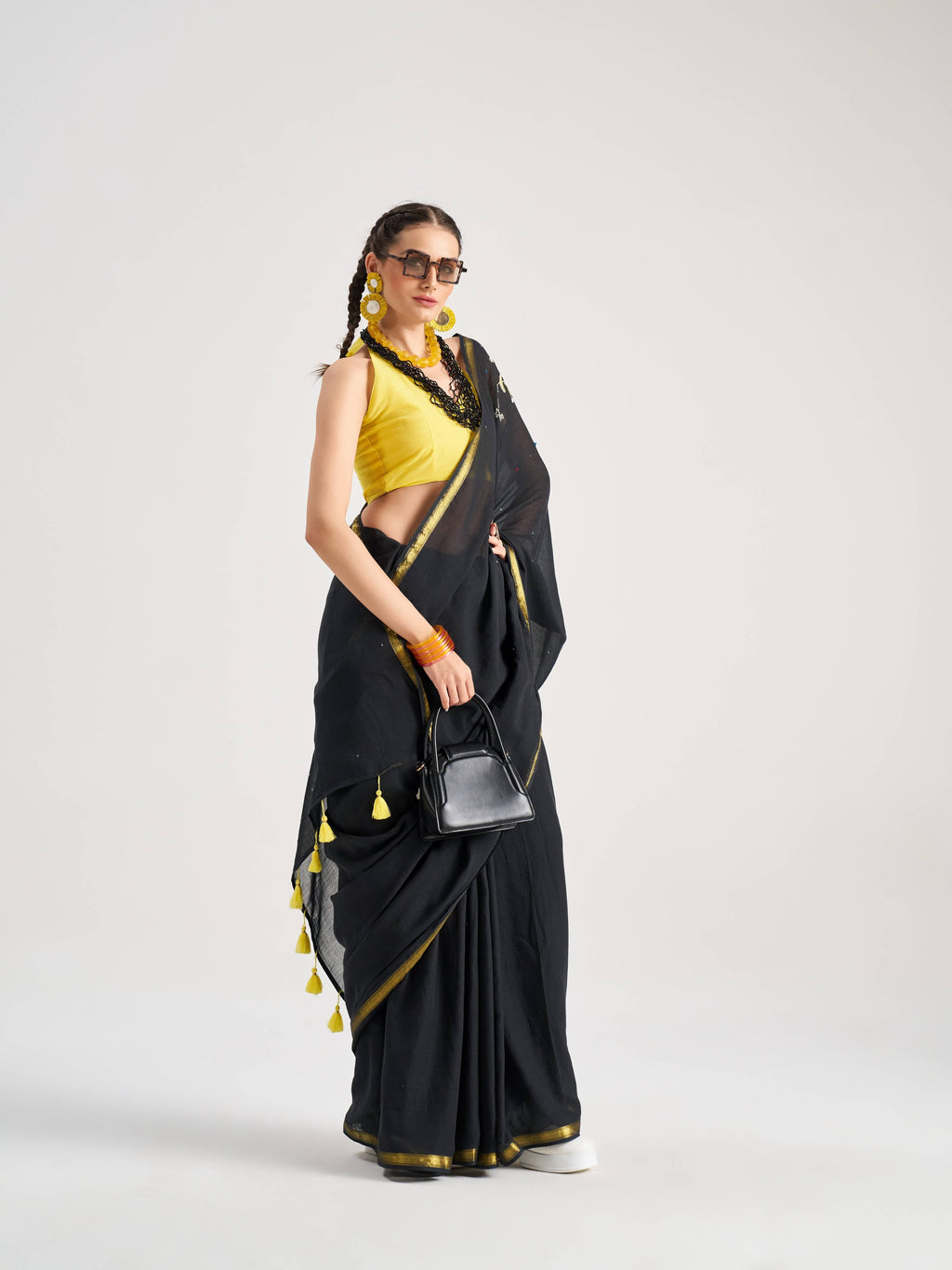 BLACK VISCOSE MUL SCORPIO VEDIC ZODIAC THREAD WORK SAREES