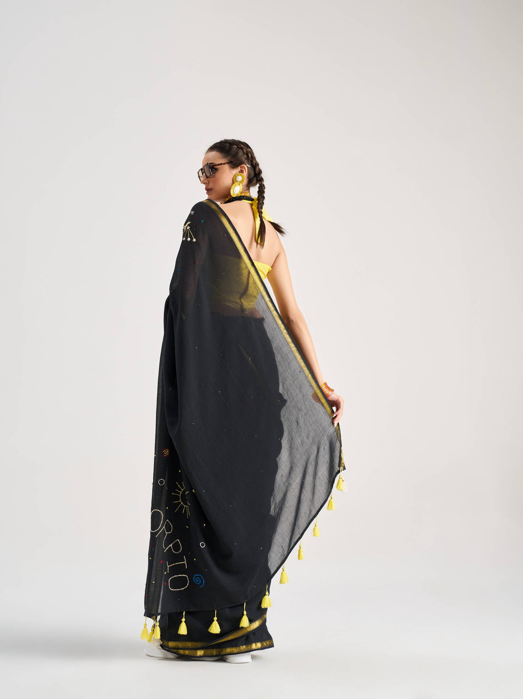 BLACK VISCOSE MUL SCORPIO VEDIC ZODIAC THREAD WORK SAREES