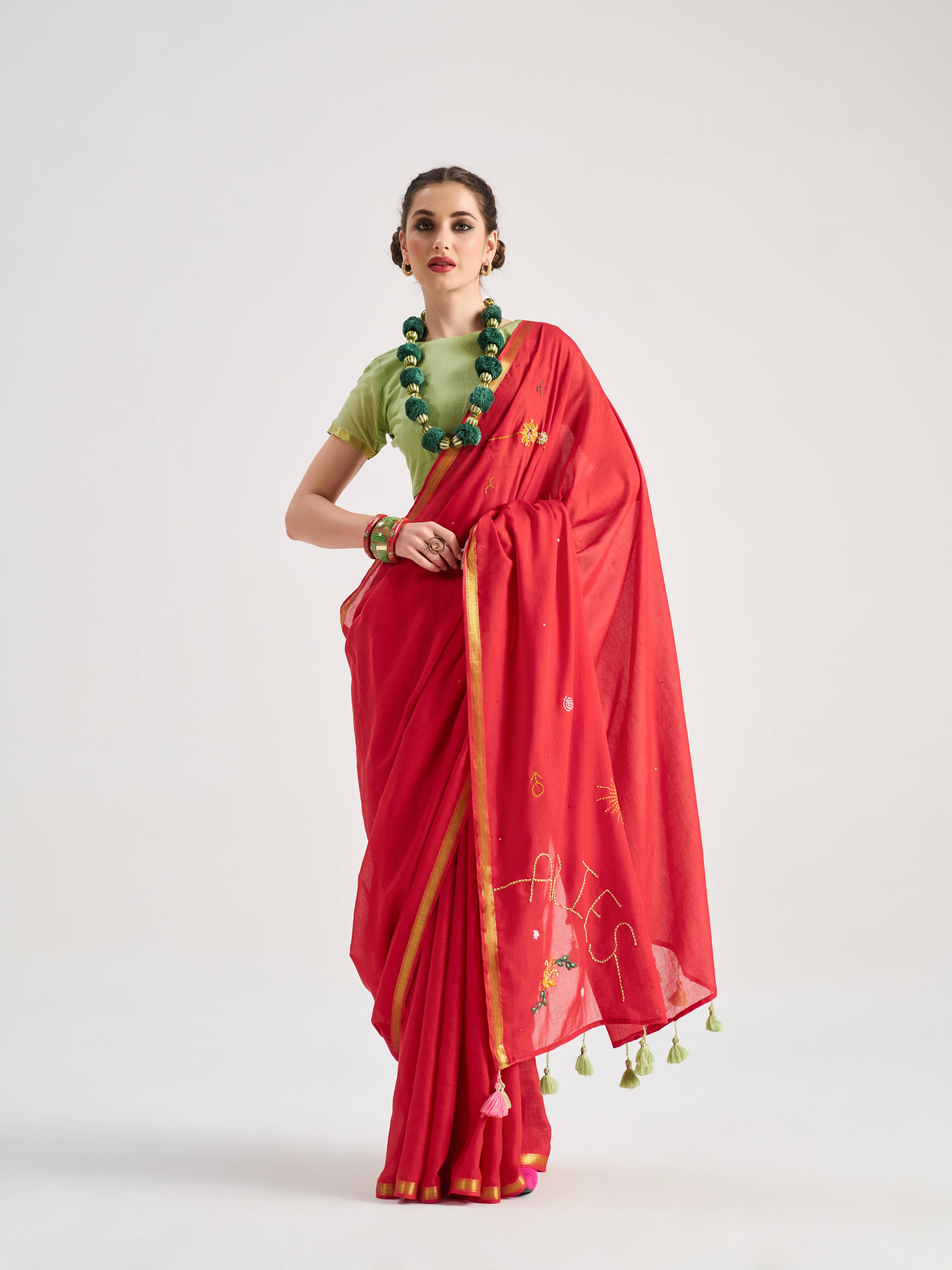 RED VISCOSE MUL ARIES VEDIC ZODIAC THREAD WORK SAREES