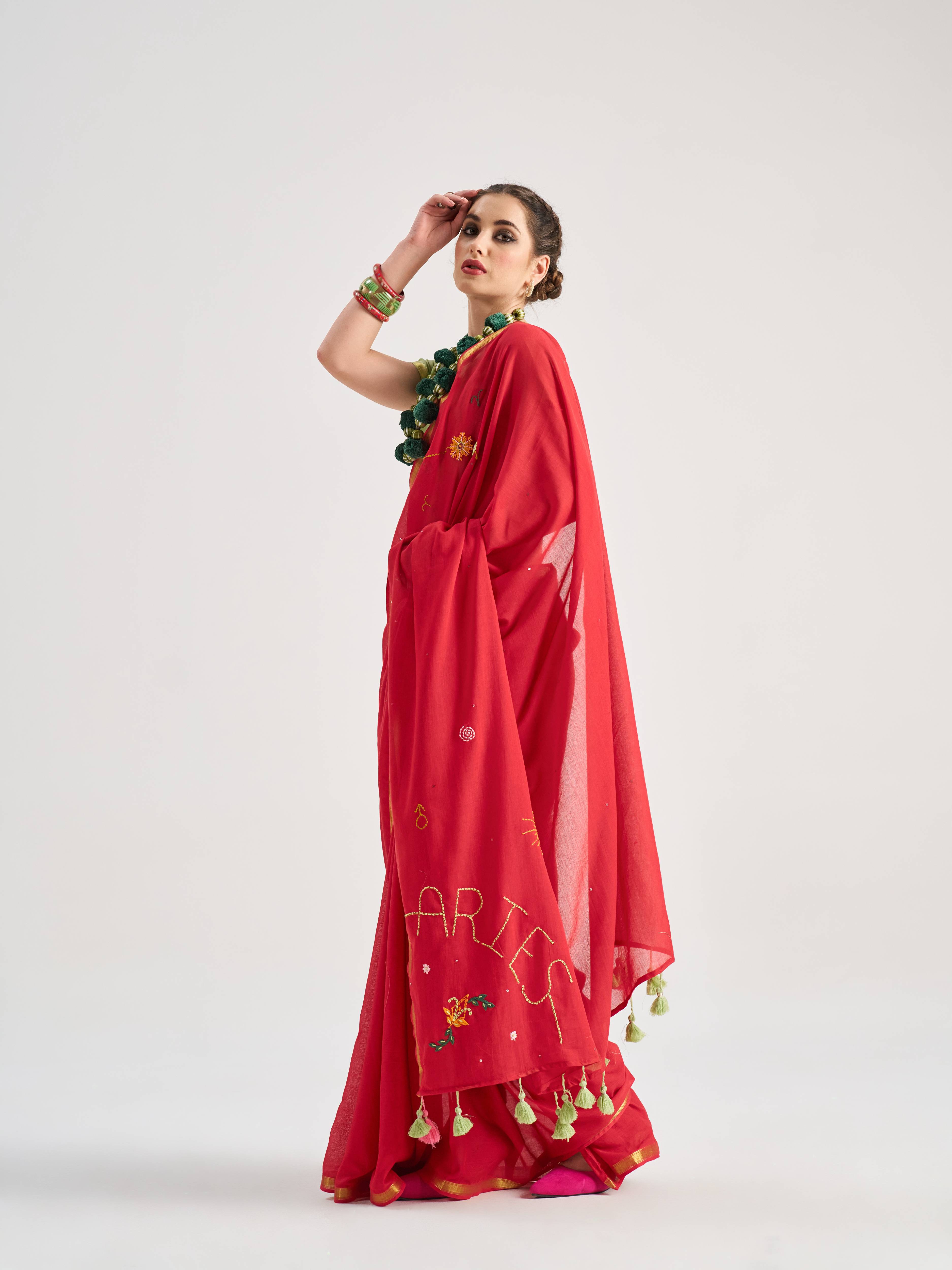 RED VISCOSE MUL ARIES VEDIC ZODIAC THREAD WORK SAREES
