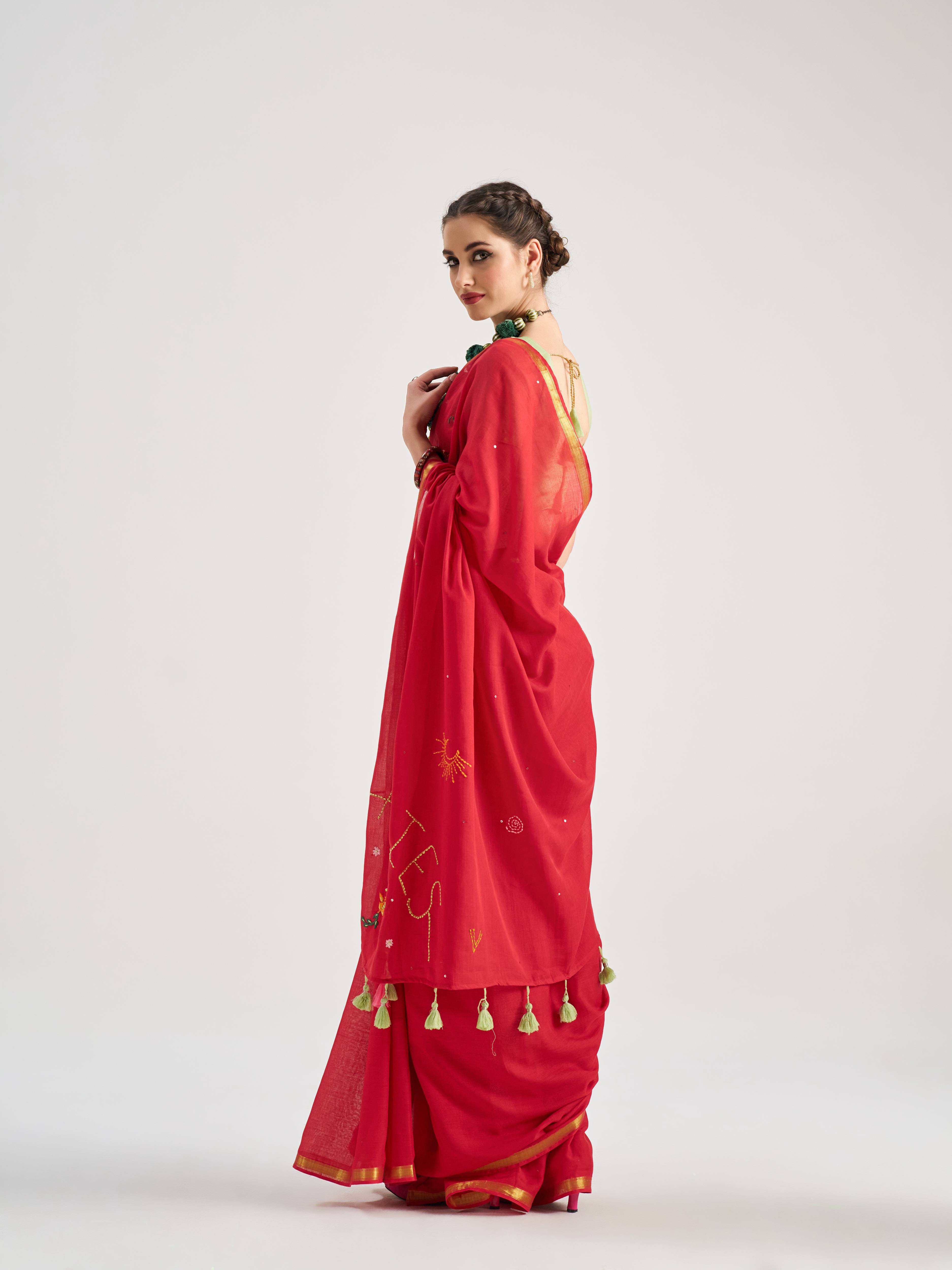 RED VISCOSE MUL ARIES VEDIC ZODIAC THREAD WORK SAREES