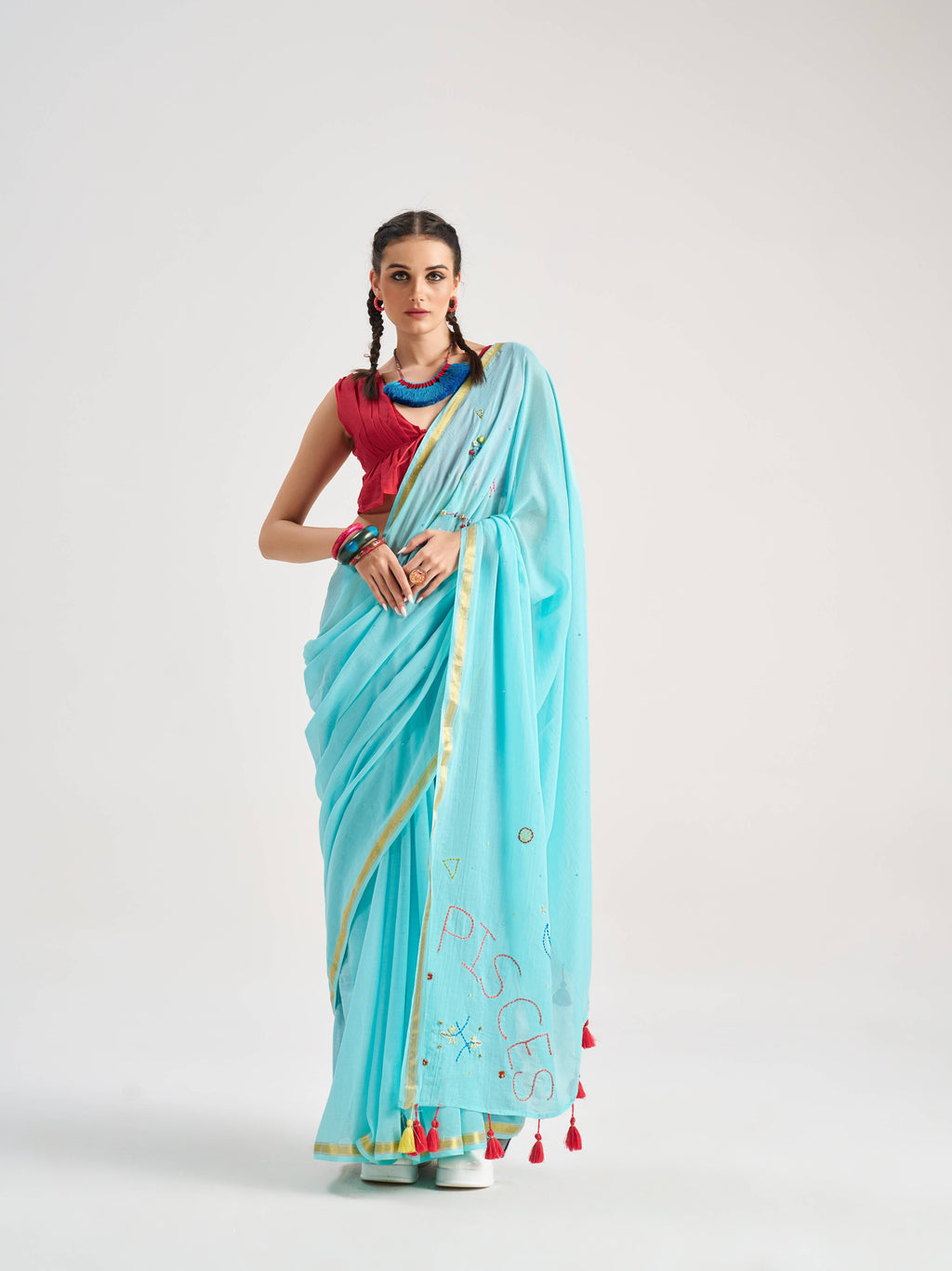 SKY BLUE VISCOSE MUL PISCES VEDIC ZODIAC THREAD WORK SAREES