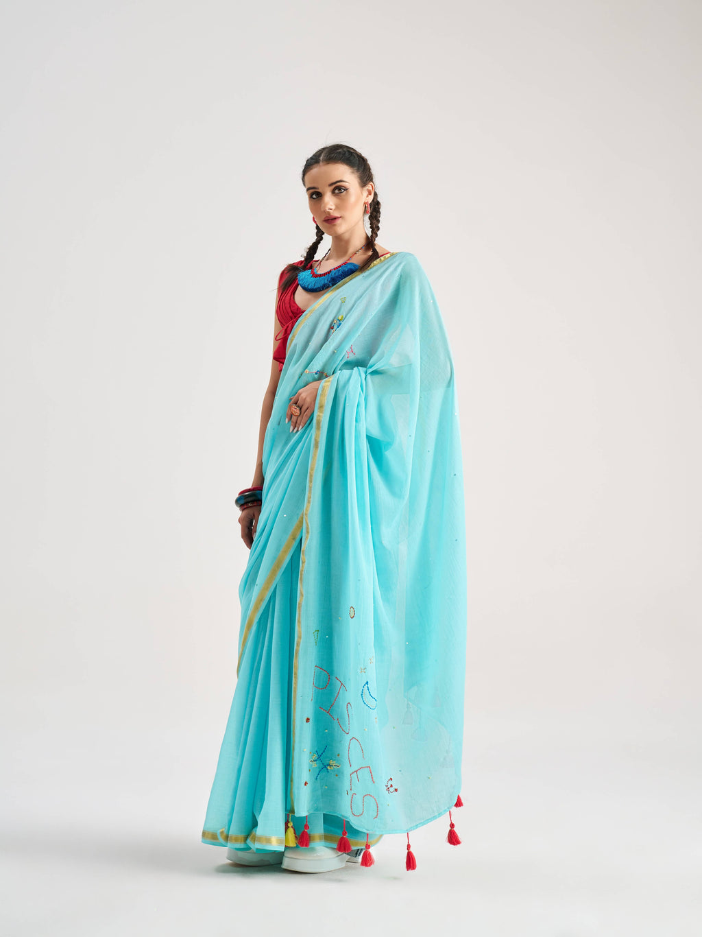 SKY BLUE VISCOSE MUL PISCES VEDIC ZODIAC THREAD WORK SAREES