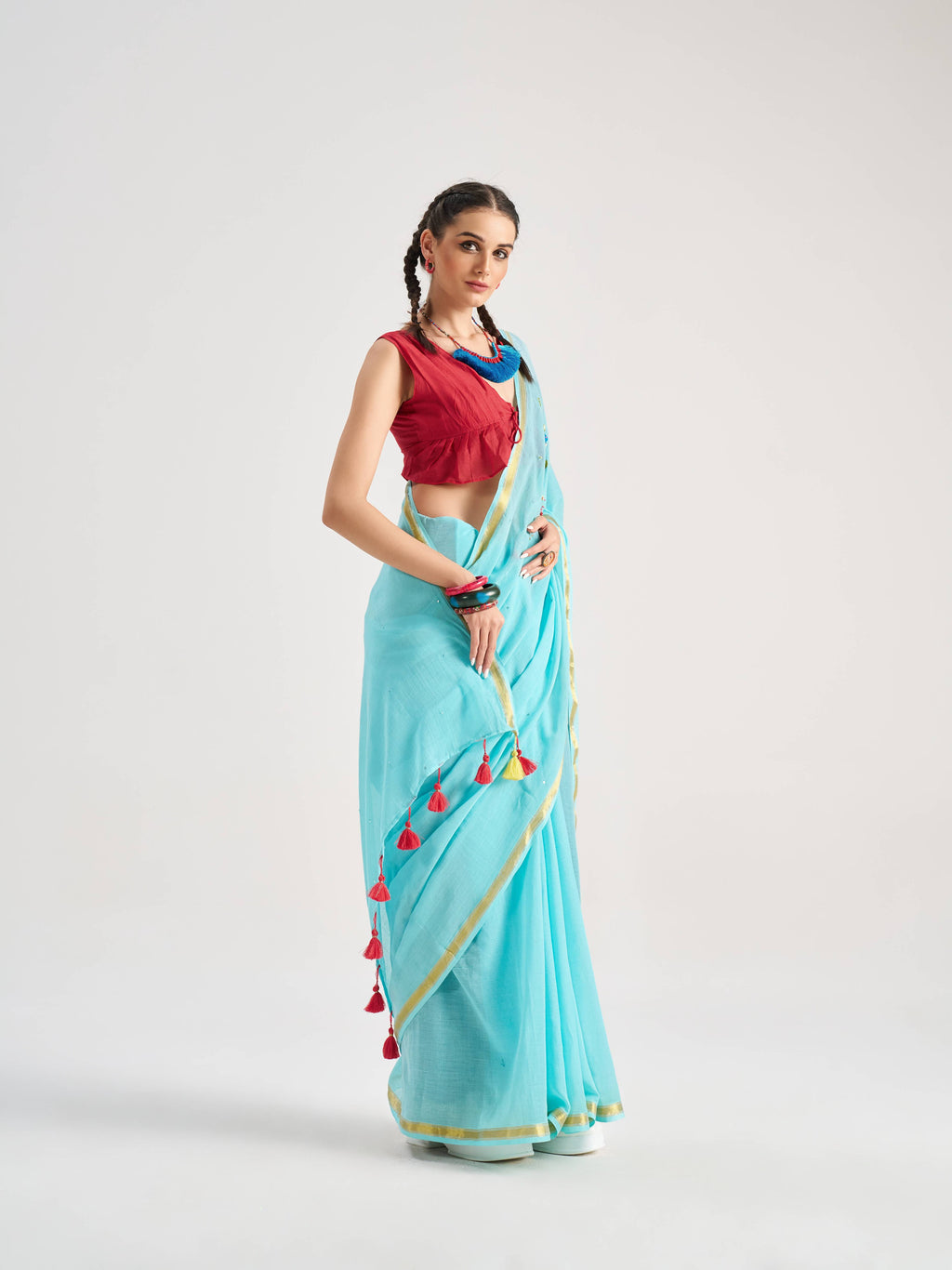 SKY BLUE VISCOSE MUL PISCES VEDIC ZODIAC THREAD WORK SAREES