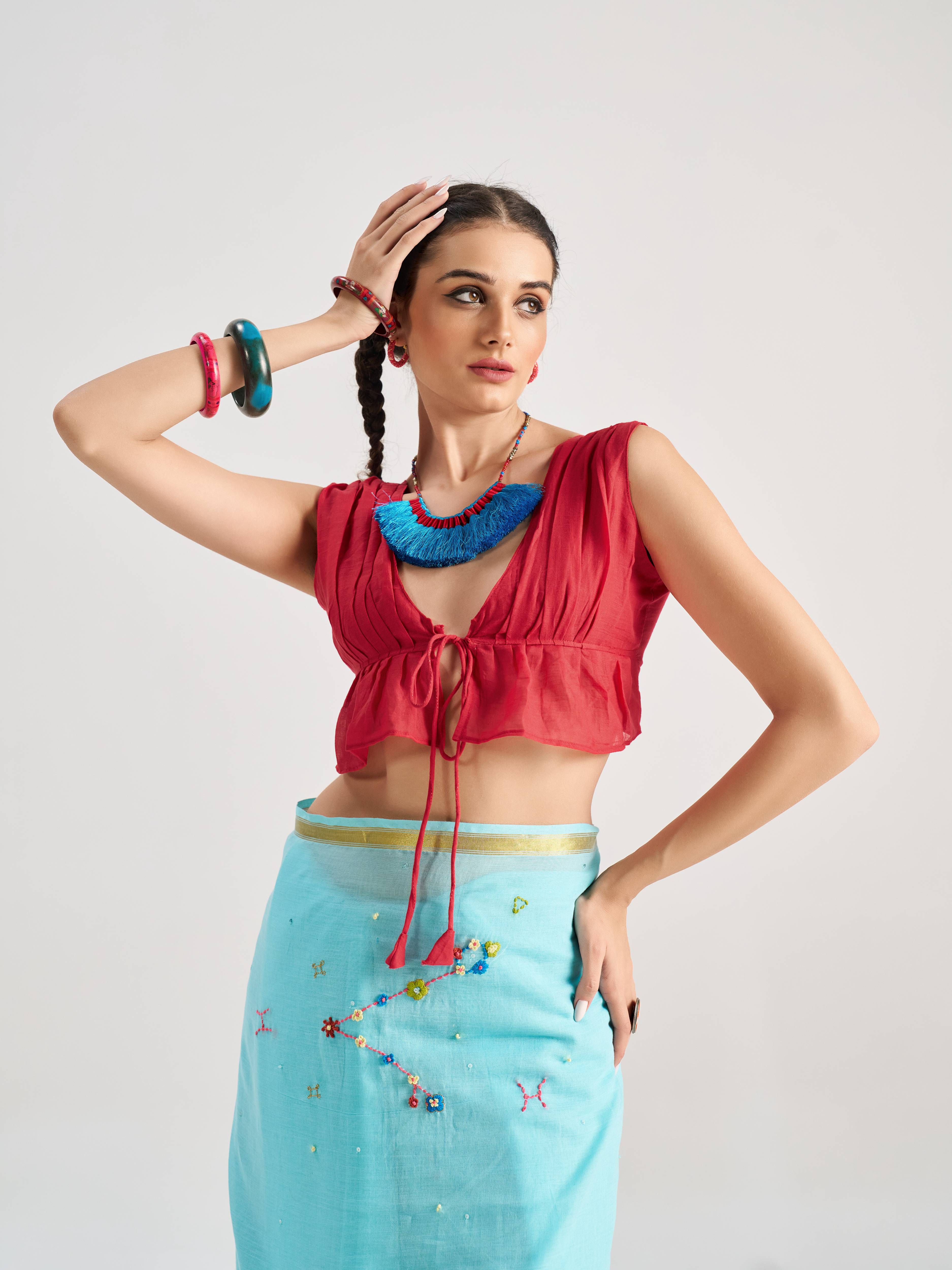 SKY BLUE VISCOSE MUL PISCES VEDIC ZODIAC THREAD WORK SAREES