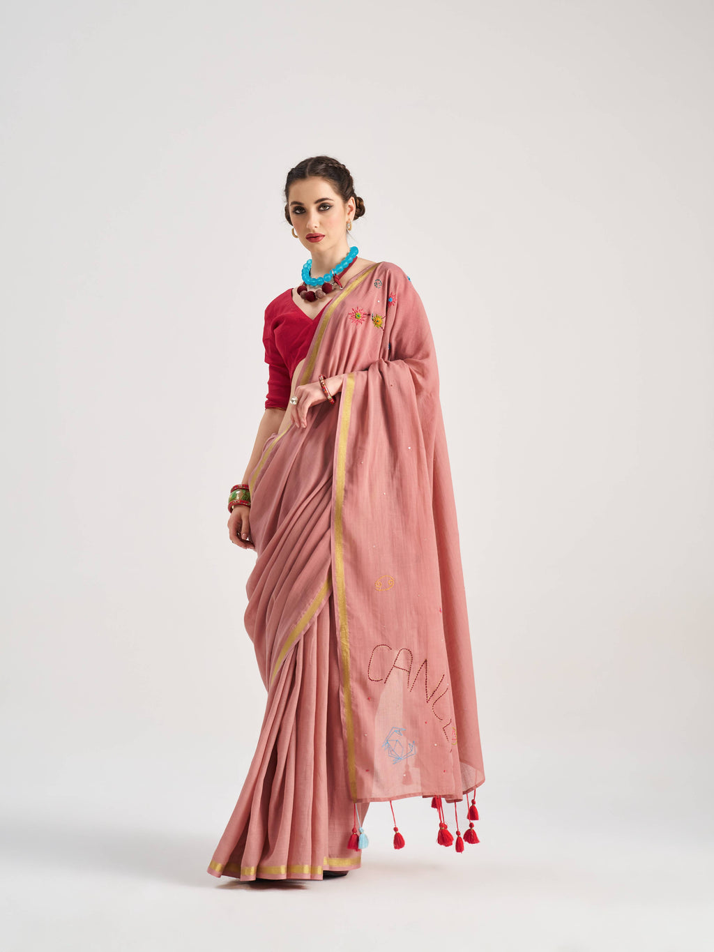 ROSE PINK VISCOSE MUL CANCER VEDIC ZODIAC THREAD WORK SAREES