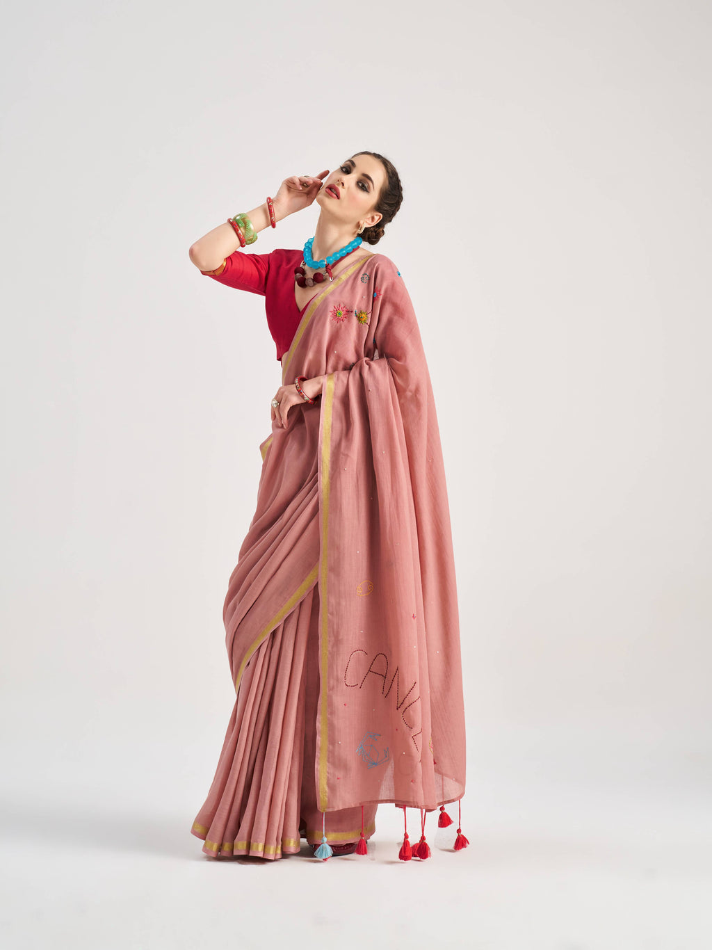 ROSE PINK VISCOSE MUL CANCER VEDIC ZODIAC THREAD WORK SAREES