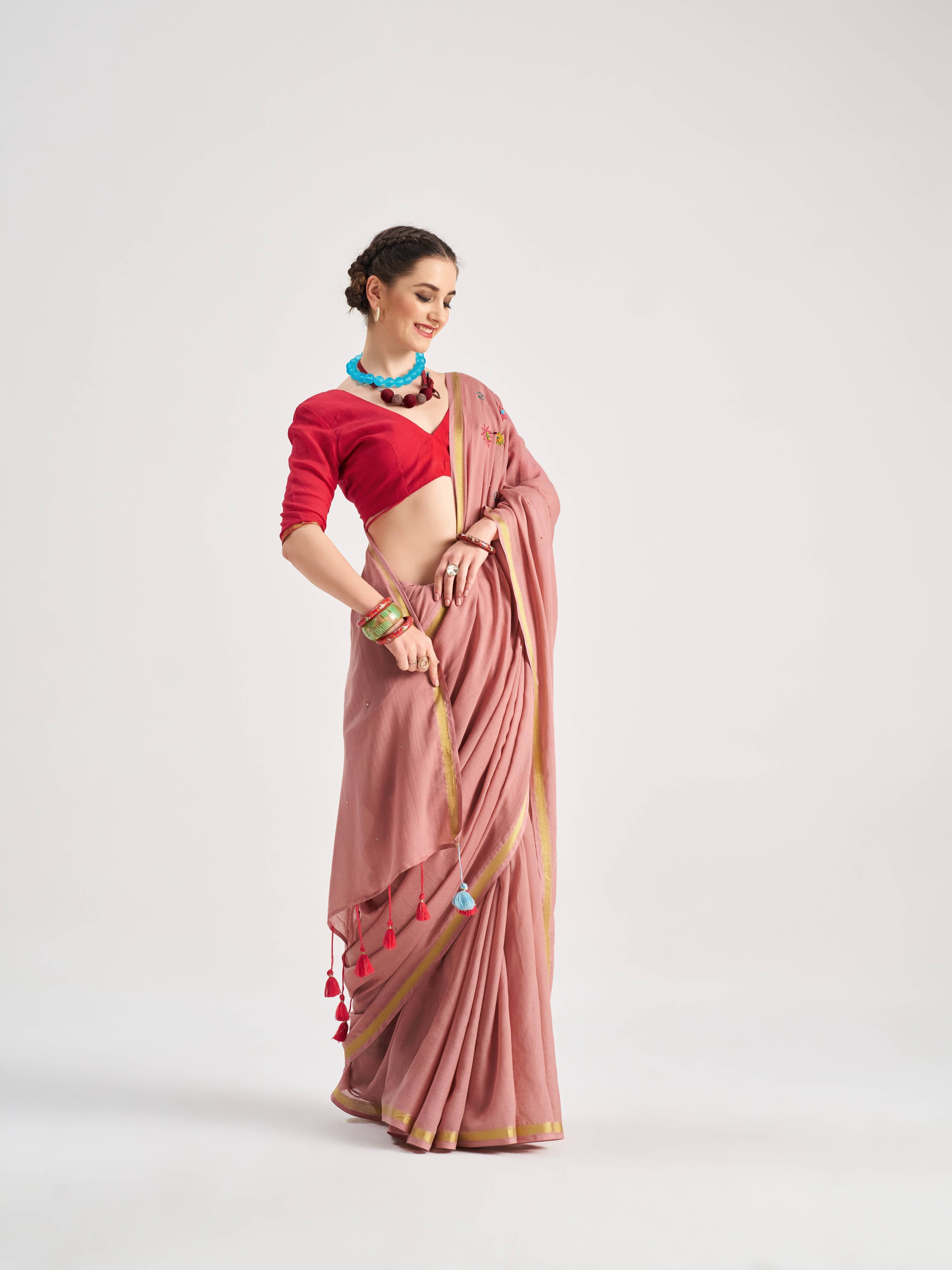 ROSE PINK VISCOSE MUL CANCER VEDIC ZODIAC THREAD WORK SAREES