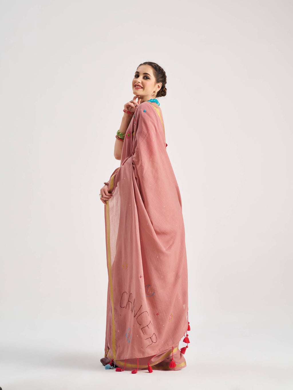 ROSE PINK VISCOSE MUL CANCER VEDIC ZODIAC THREAD WORK SAREES