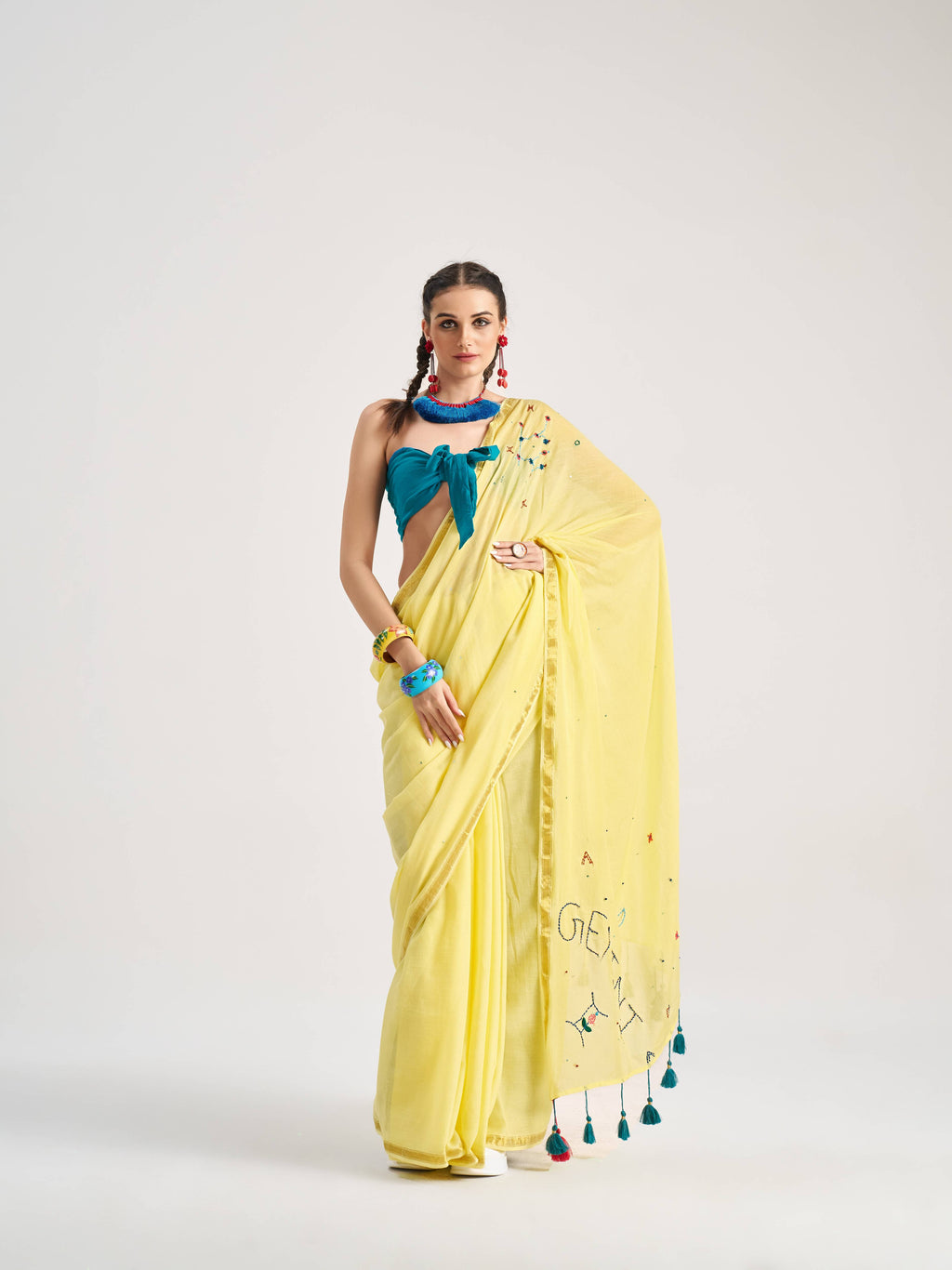 YELLOW VISCOSE MUL GEMINI VEDIC ZODIAC THREAD WORK SAREES