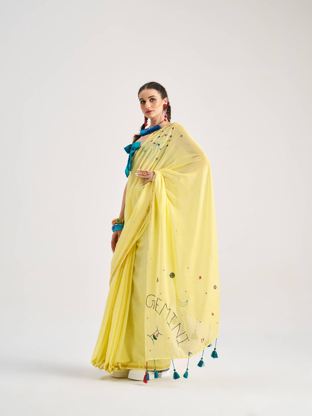 YELLOW VISCOSE MUL GEMINI VEDIC ZODIAC THREAD WORK SAREES