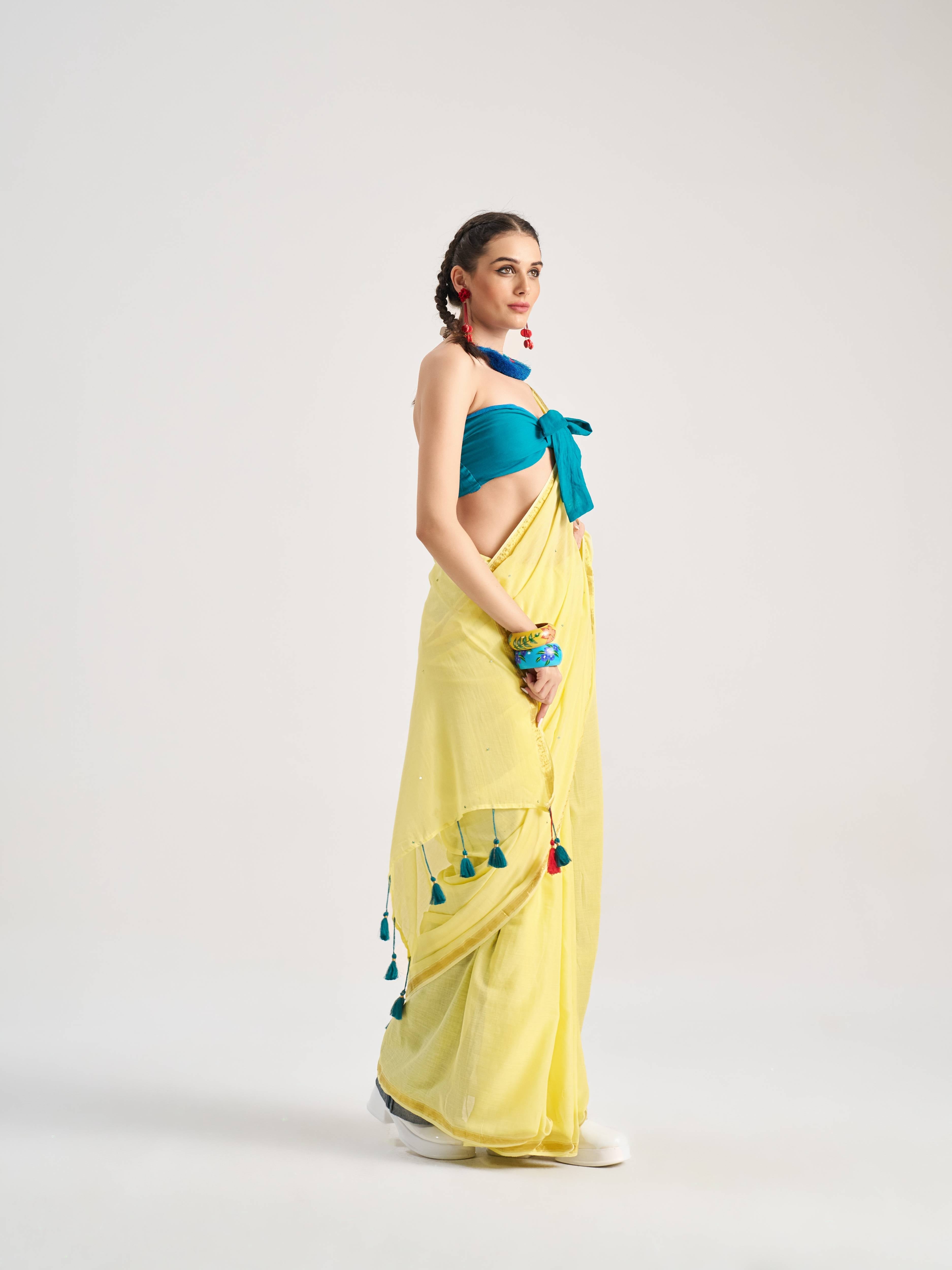 YELLOW VISCOSE MUL GEMINI VEDIC ZODIAC THREAD WORK SAREES