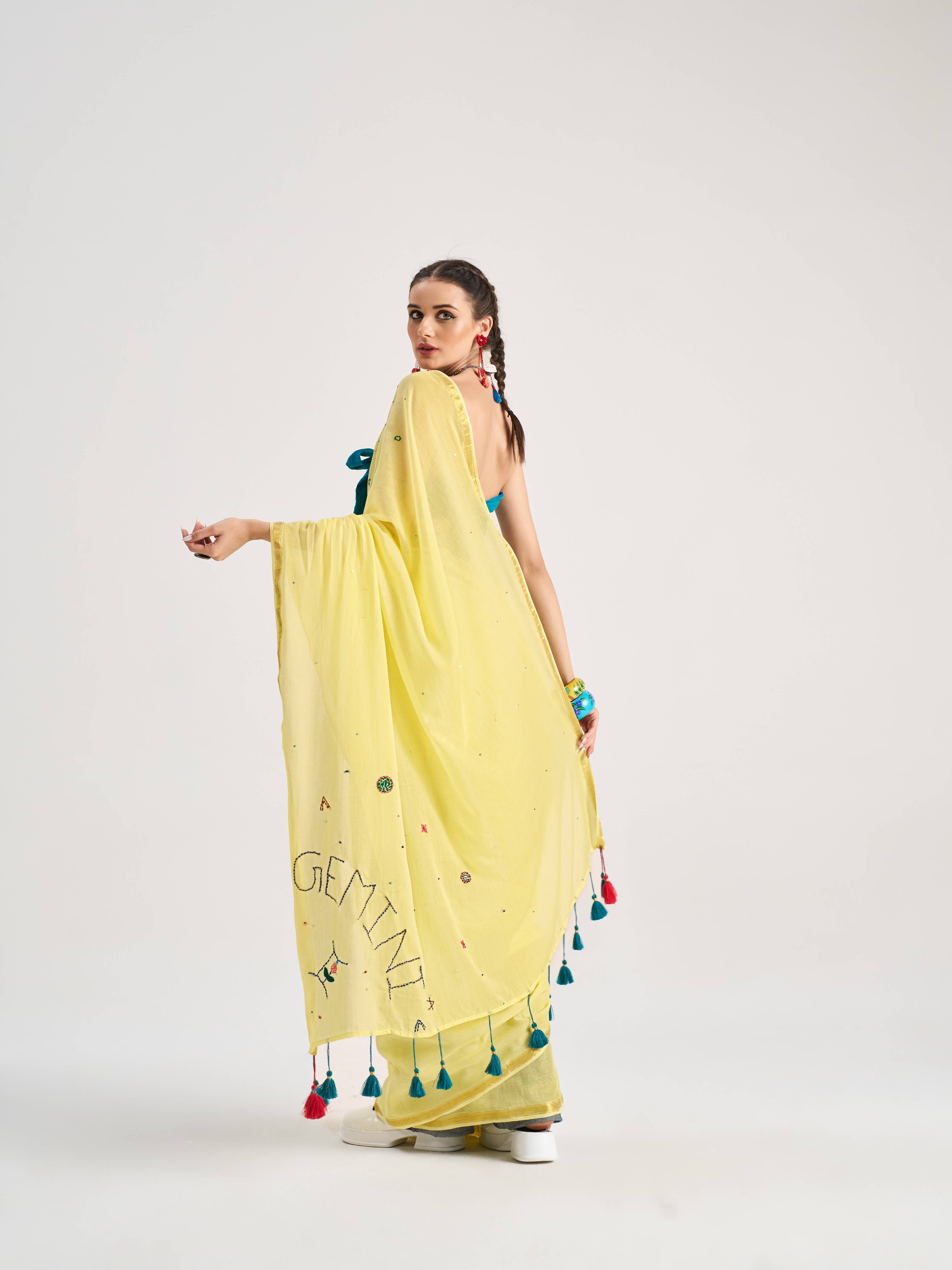 YELLOW VISCOSE MUL GEMINI VEDIC ZODIAC THREAD WORK SAREES