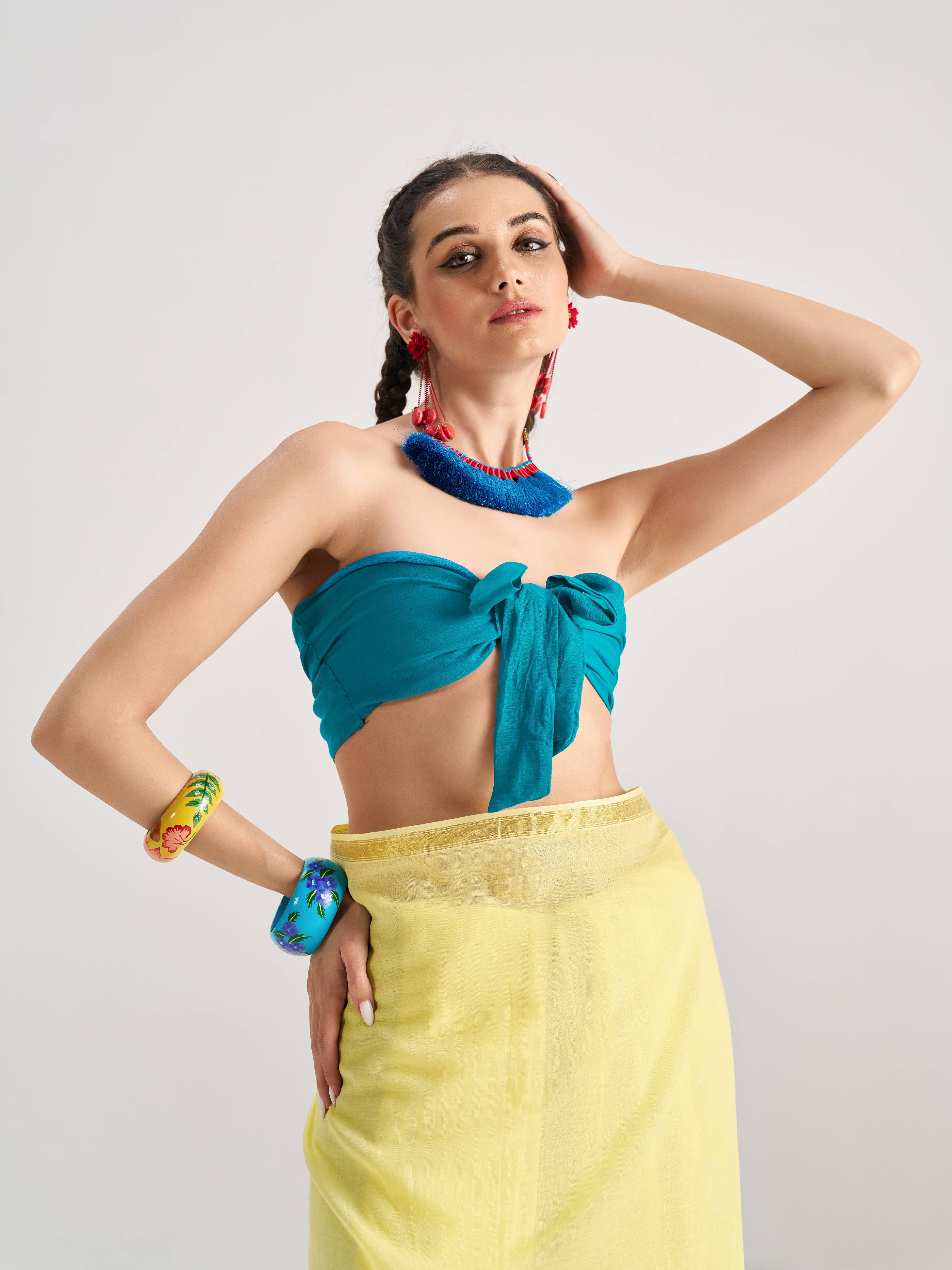 YELLOW VISCOSE MUL GEMINI VEDIC ZODIAC THREAD WORK SAREES