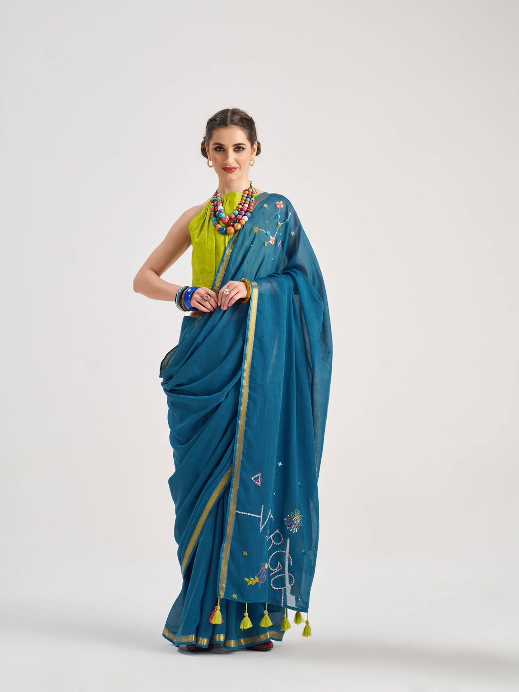 BAHAMA BLUE VISCOSE MUL VIRGO VEDIC ZODIAC THREAD WORK SAREES