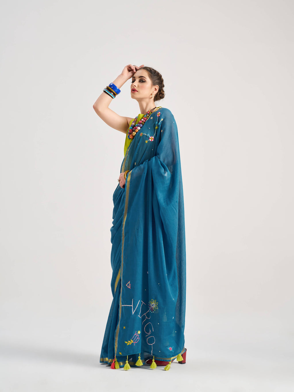 BAHAMA BLUE VISCOSE MUL VIRGO VEDIC ZODIAC THREAD WORK SAREES